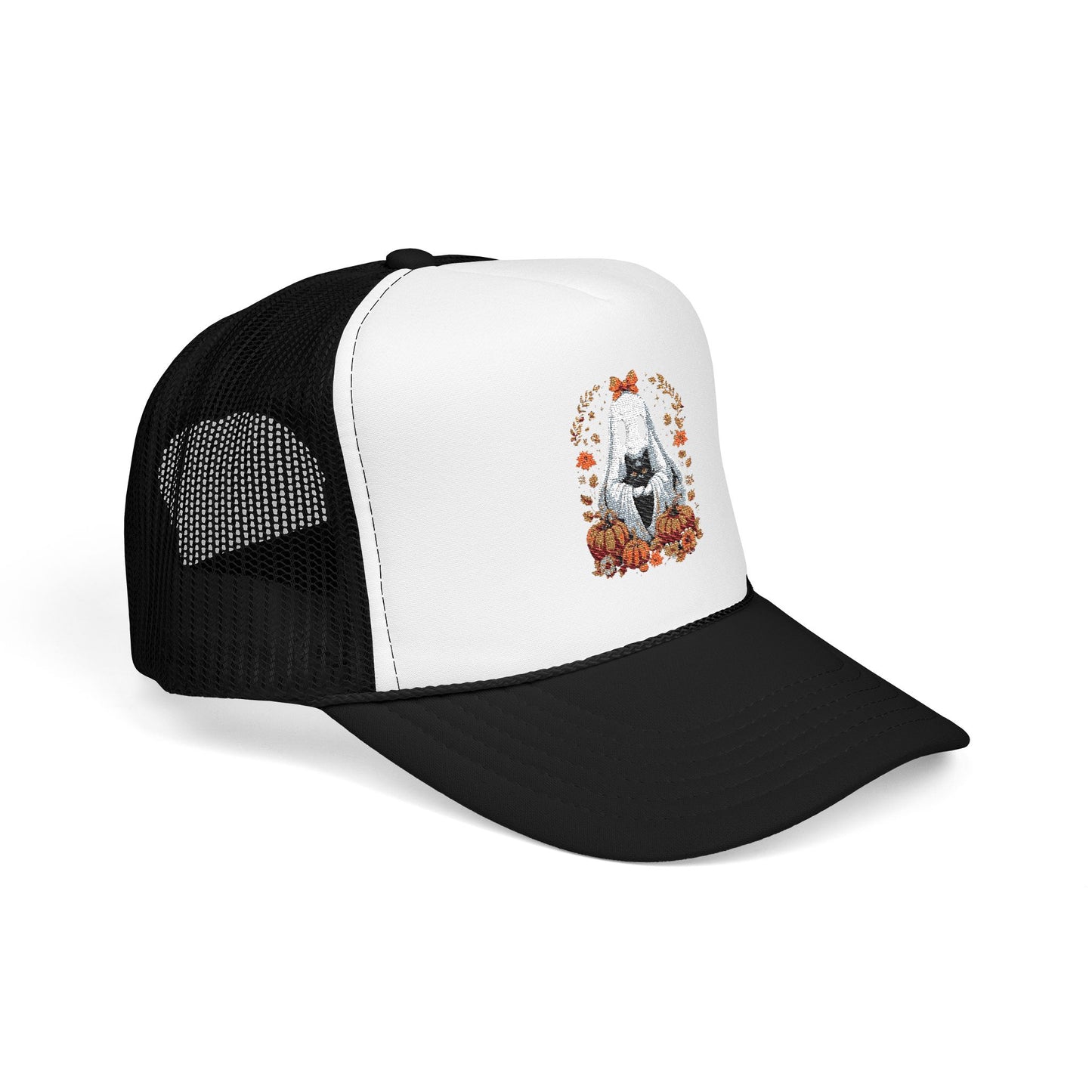 Cute Ghost and Black Cat Halloween T-Shirt | Cozy Fall Pumpkin Shirt | Spooky Season Aesthetic Apparel Gift for Halloween Lovers Trucker Hat Embroidered