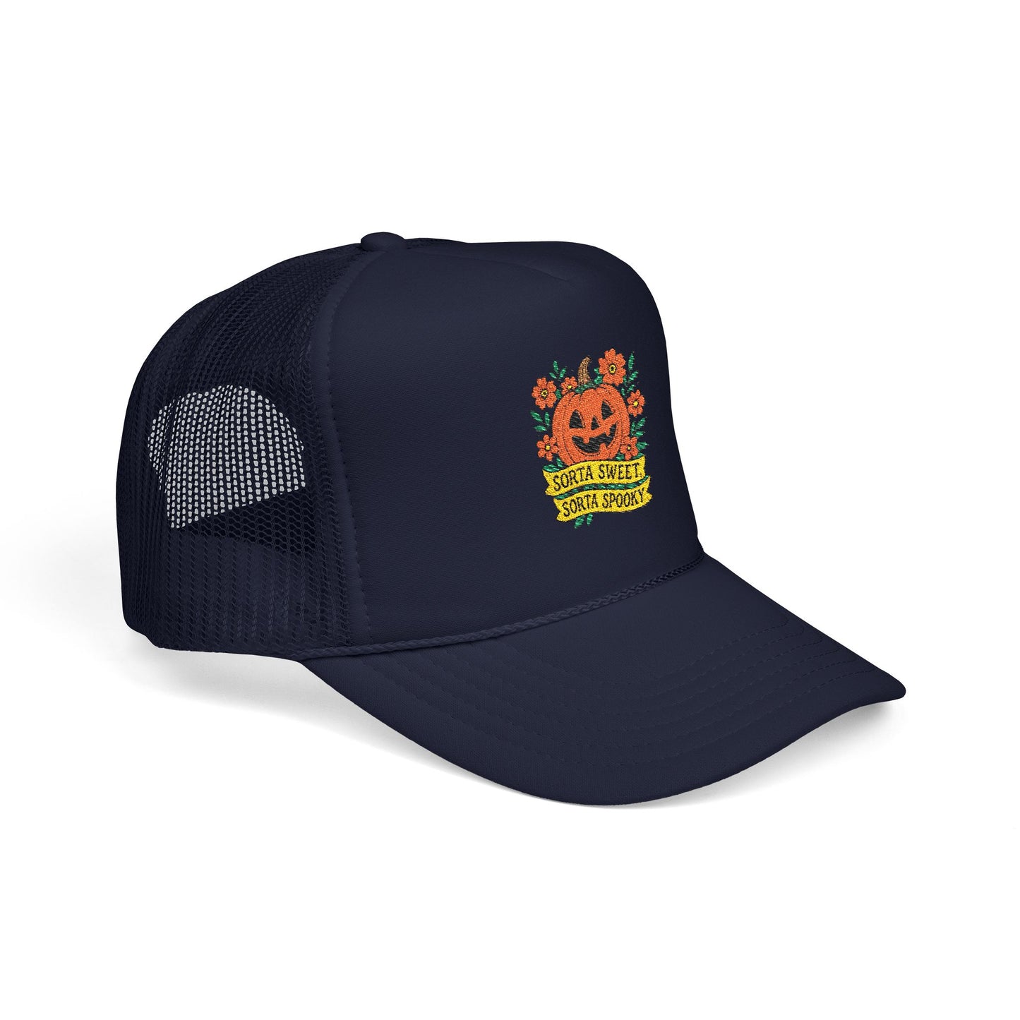 Cute Pumpkin Design – Sorta Sweet, Sorta Spooky Halloween Artwork Trucker Hat Embroidered