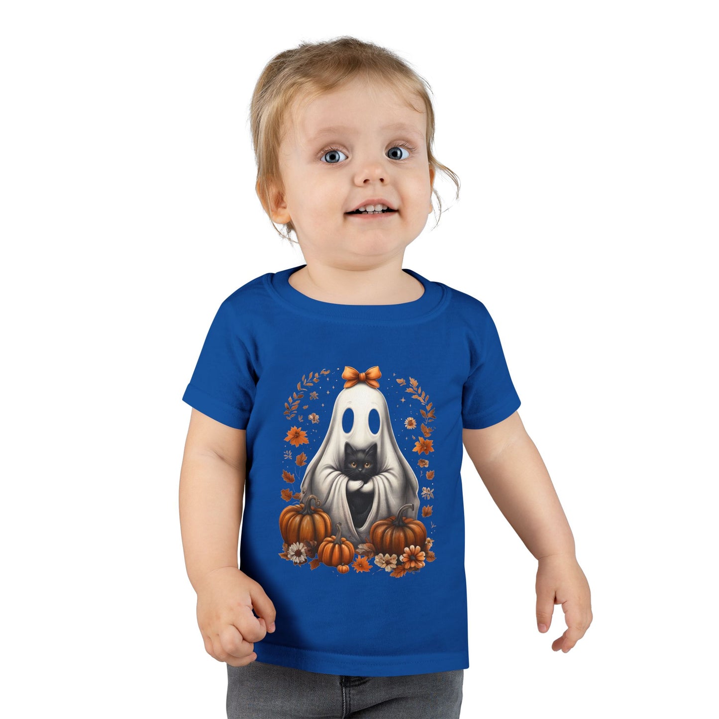 Cute Ghost and Black Cat Halloween T-Shirt | Cozy Fall Pumpkin Shirt | Spooky Season Aesthetic Apparel Gift for Halloween Lovers Toddler T-Shirt