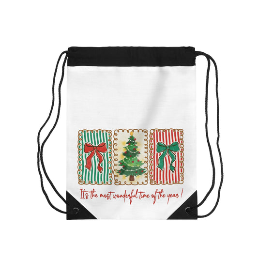 Festive Christmas Tree & Bow Design | It’s the Most Wonderful Time of the Year – Holiday Shirt, Mug, Tote & Home Decor Drawstring Bags