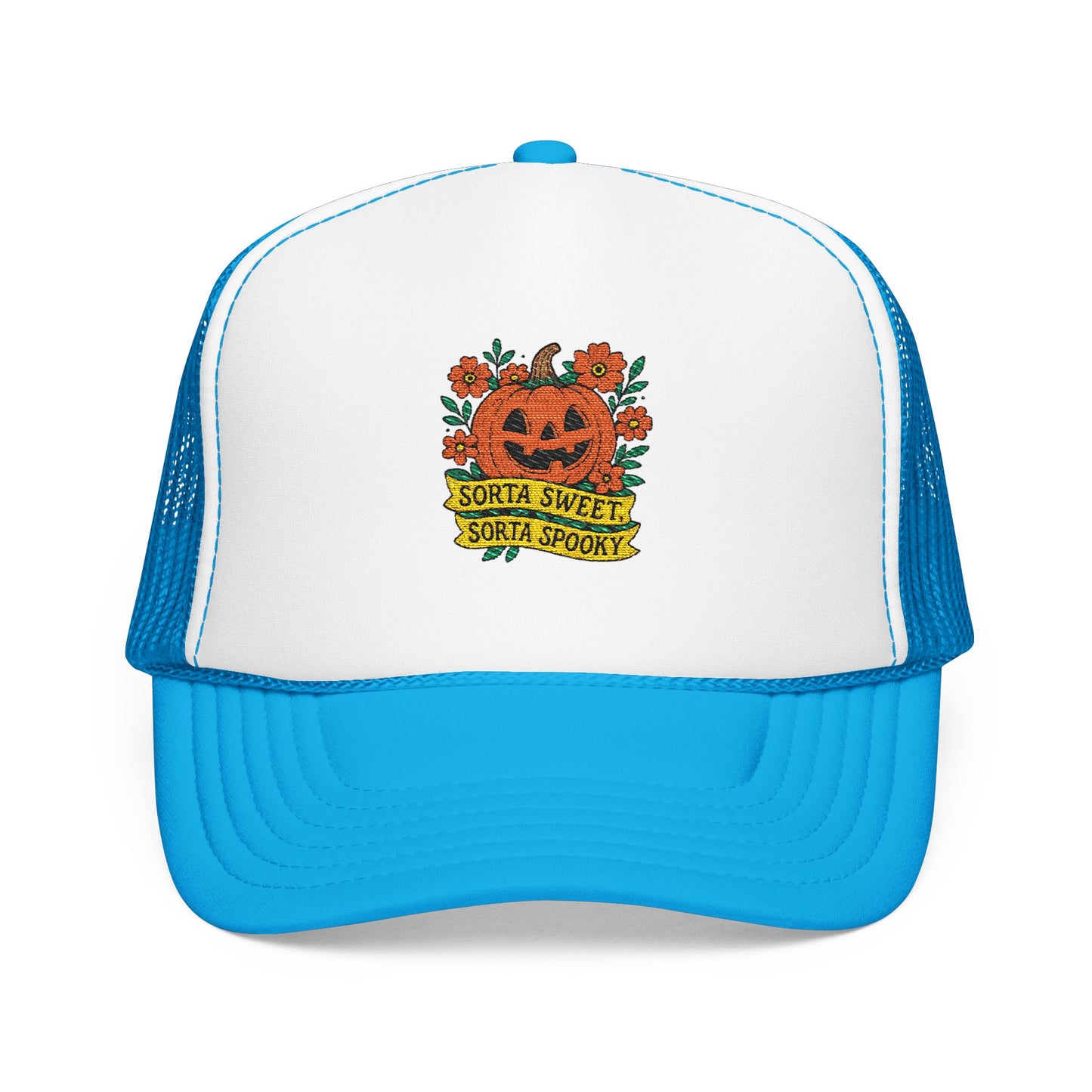 Cute Pumpkin Design – Sorta Sweet, Sorta Spooky Halloween Artwork Trucker Hat Embroidered