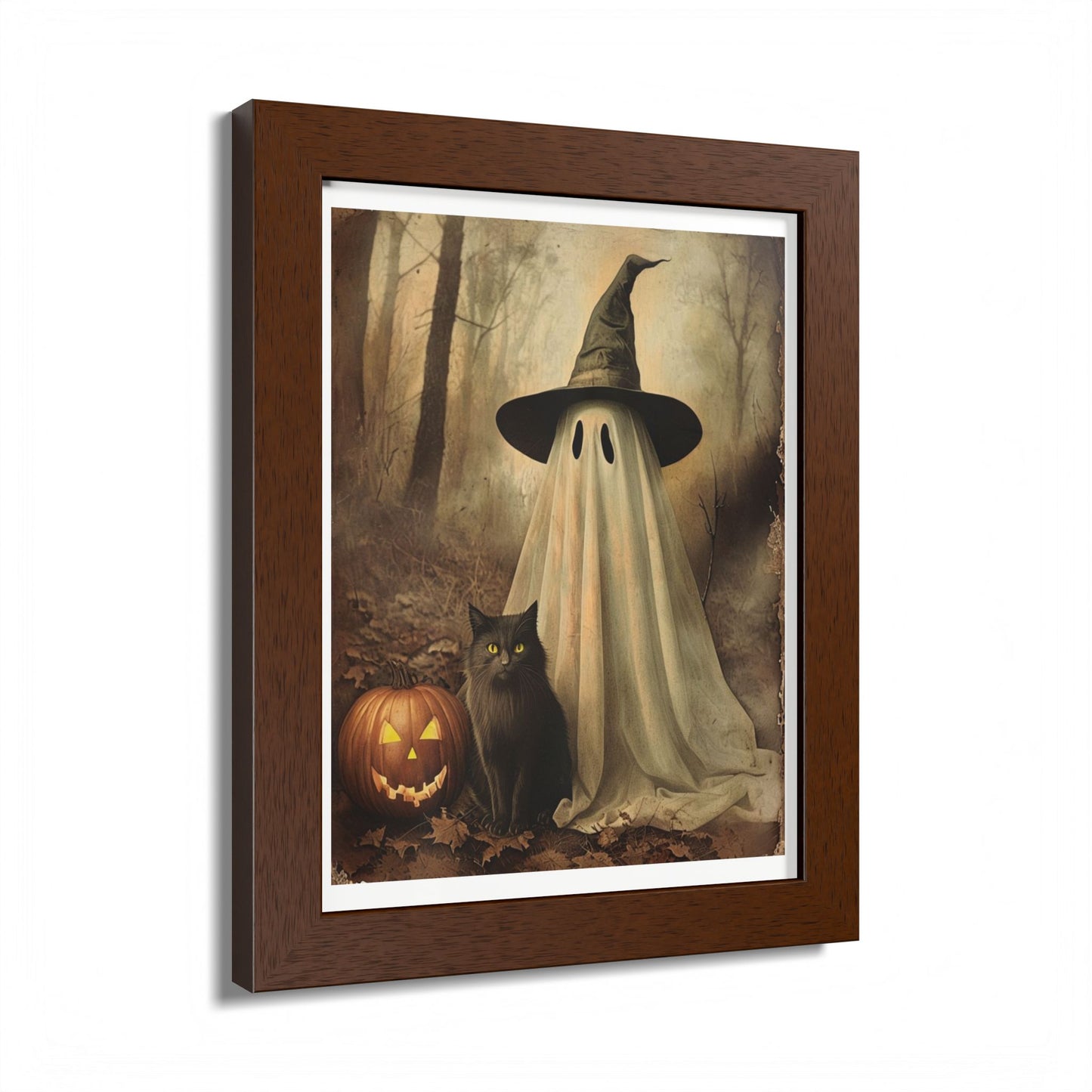 Halloween Framed Poster, Ghost and Cat Art, Spooky Home Decor, Fall Decoration, Trick or Treat, Halloween Wall Art, Framed Print