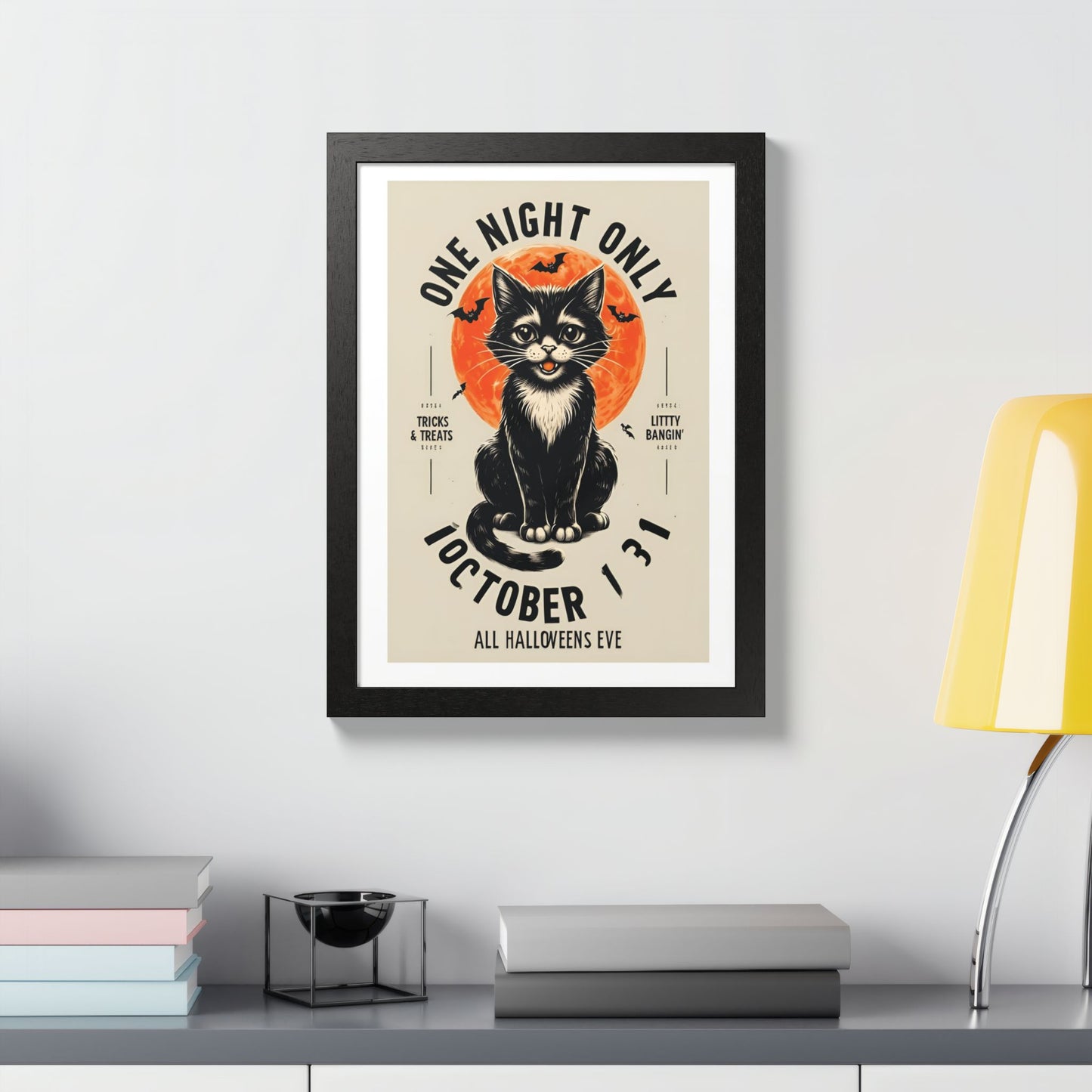 Halloween Black Cat Design | One Night Only October 31 Vintage Artwork Framed Print