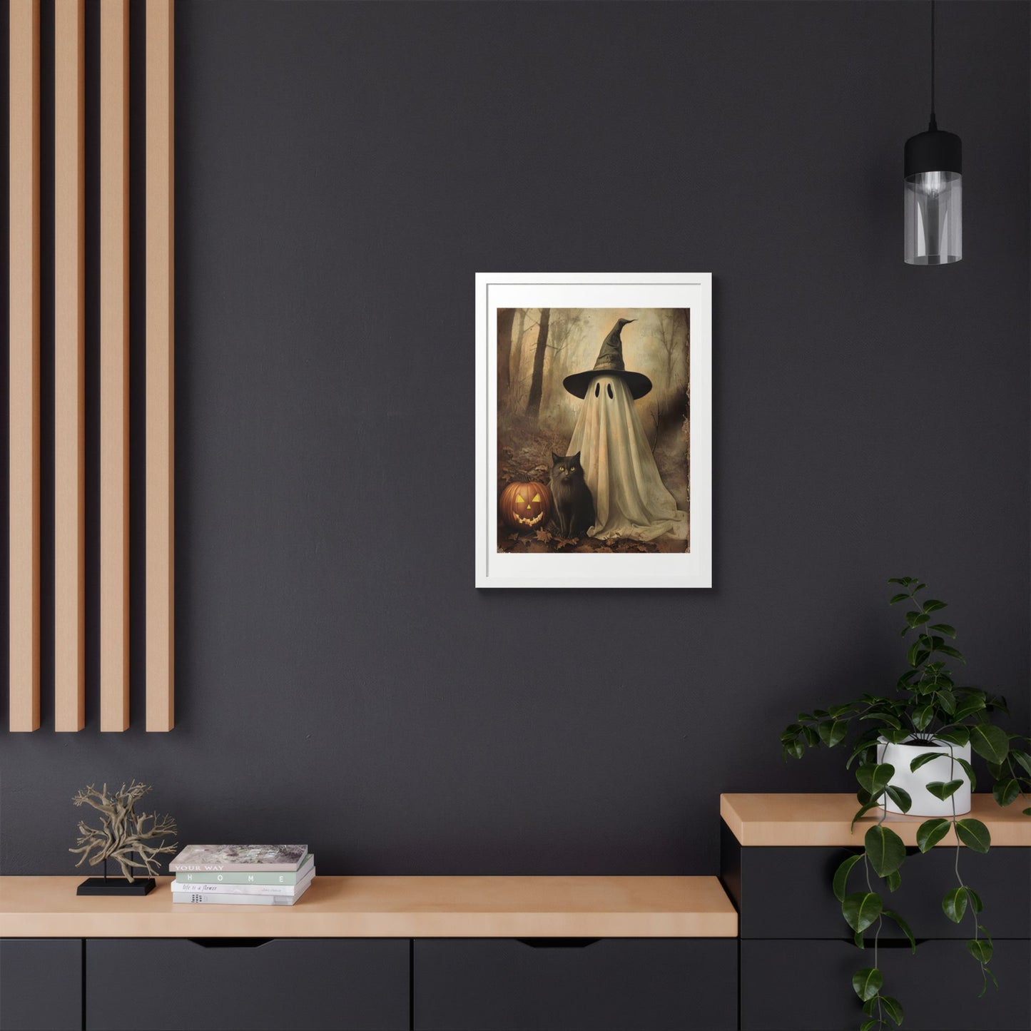 Halloween Framed Poster, Ghost and Cat Art, Spooky Home Decor, Fall Decoration, Trick or Treat, Halloween Wall Art, Framed Print