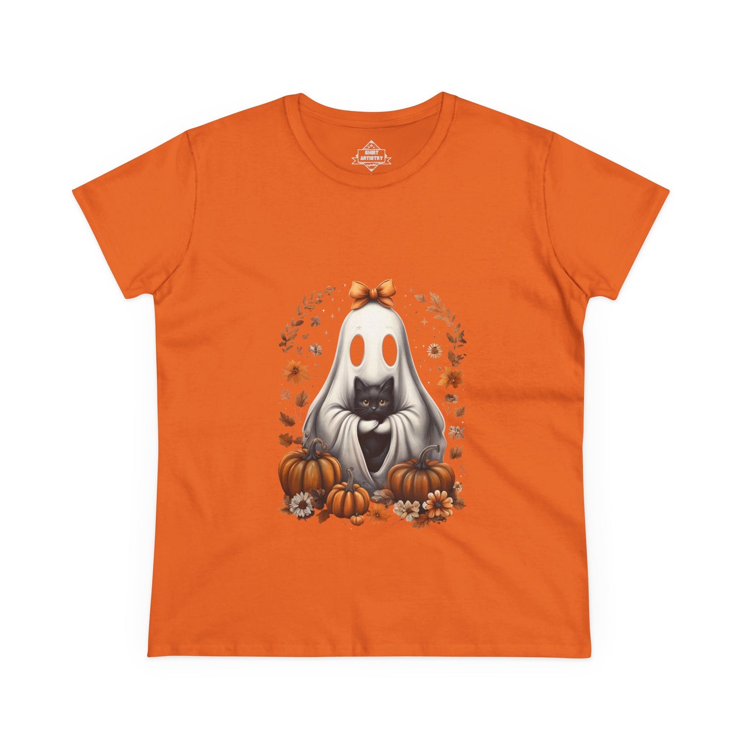 Cute Ghost and Black Cat Halloween T-Shirt | Cozy Fall Pumpkin Shirt | Spooky Season Aesthetic Apparel Gift for Halloween Lovers