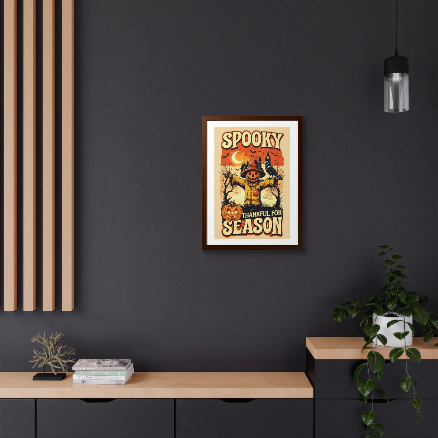 Spooky Thankful for the Season Wall Art – Halloween Pumpkin Scarecrow Poster | Autumn Fall Décor Framed Print