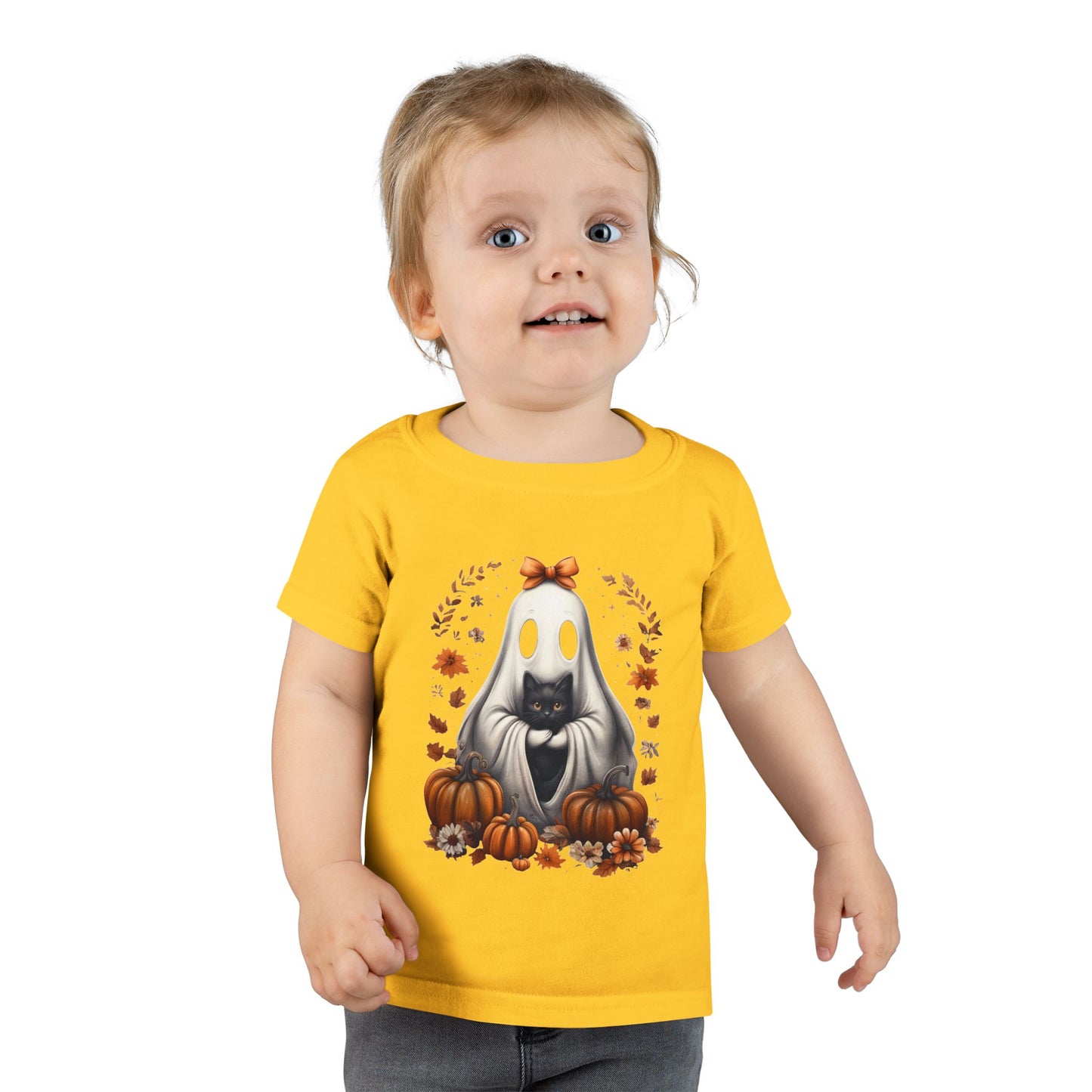 Cute Ghost and Black Cat Halloween T-Shirt | Cozy Fall Pumpkin Shirt | Spooky Season Aesthetic Apparel Gift for Halloween Lovers Toddler T-Shirt