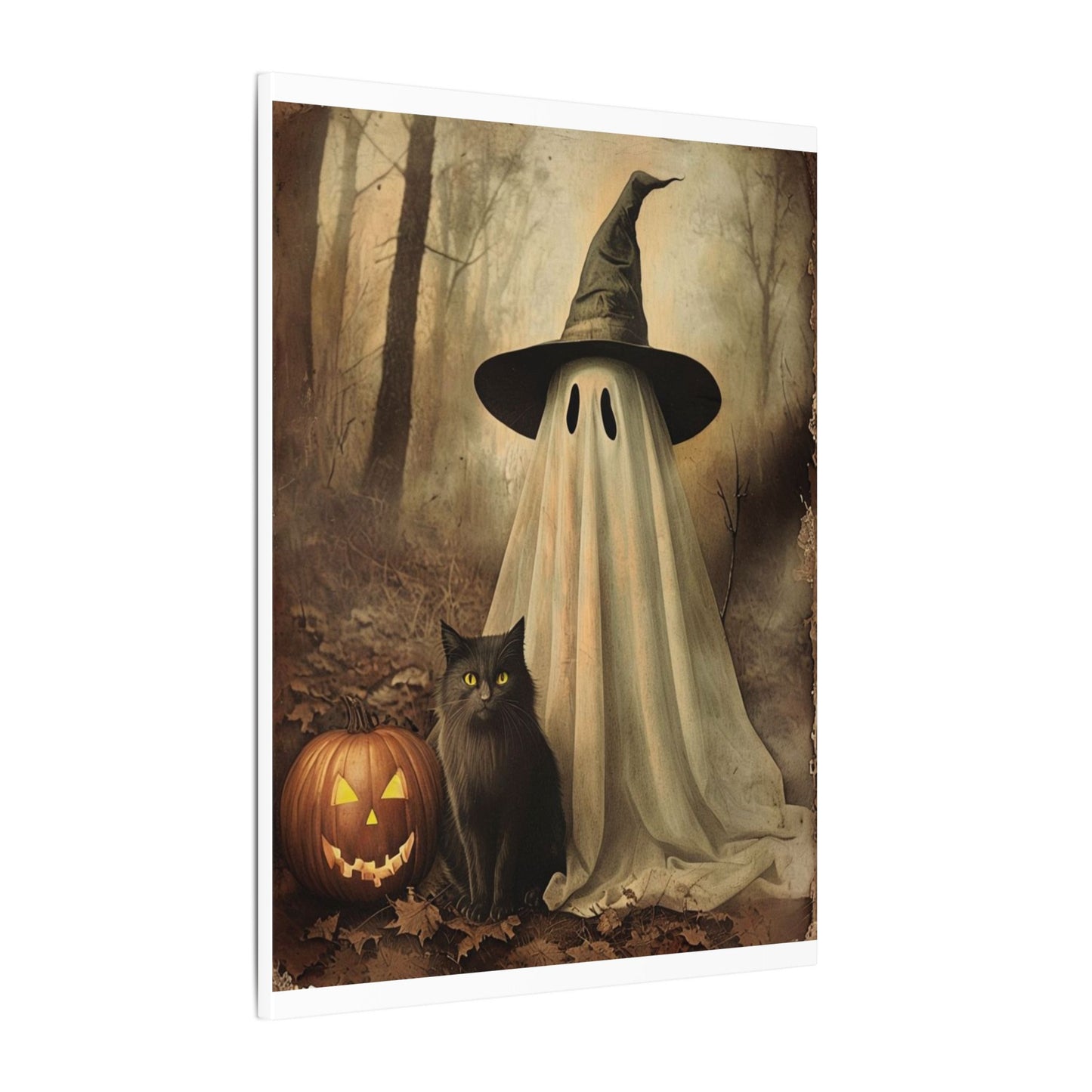 Halloween Ghost Art Canvas Print, Spooky Home Decor, Cat & Pumpkin Wall Art, Witchy Vibe, Fall Season Decoration, Trick or Treat, Canvas Print