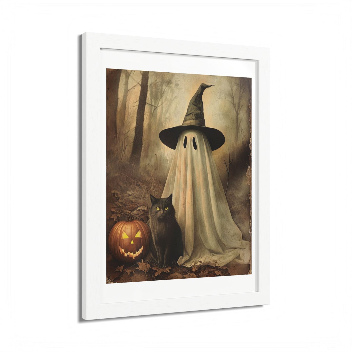 Halloween Framed Poster, Ghost and Cat Art, Spooky Home Decor, Fall Decoration, Trick or Treat, Halloween Wall Art, Framed Print