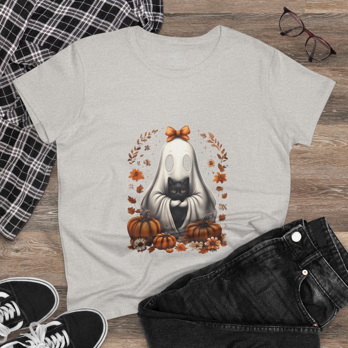 Cute Ghost and Black Cat Halloween T-Shirt | Cozy Fall Pumpkin Shirt | Spooky Season Aesthetic Apparel Gift for Halloween Lovers