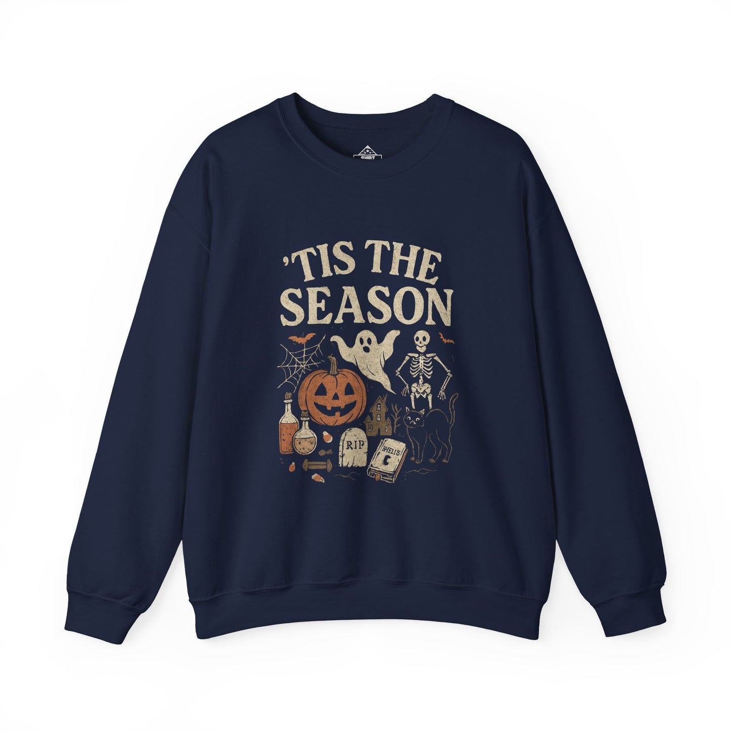 ‘Tis the Season Halloween T‑Shirt | Vintage Spooky Season Shirt with Ghost, Skeleton & Pumpkin | Retro Halloween Graphic Tee for Fall