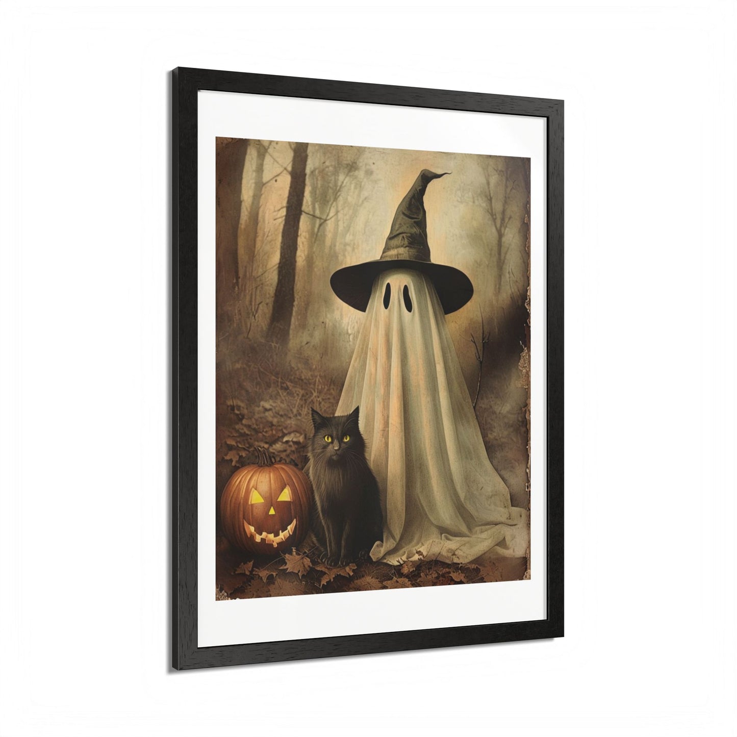 Halloween Framed Poster, Ghost and Cat Art, Spooky Home Decor, Fall Decoration, Trick or Treat, Halloween Wall Art, Framed Print