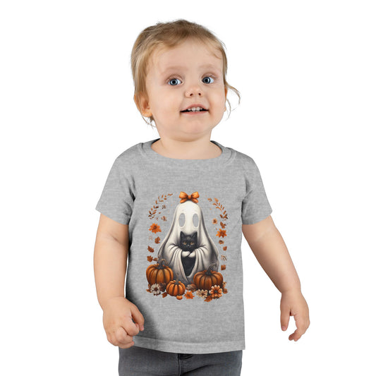 Cute Ghost and Black Cat Halloween T-Shirt | Cozy Fall Pumpkin Shirt | Spooky Season Aesthetic Apparel Gift for Halloween Lovers Toddler T-Shirt