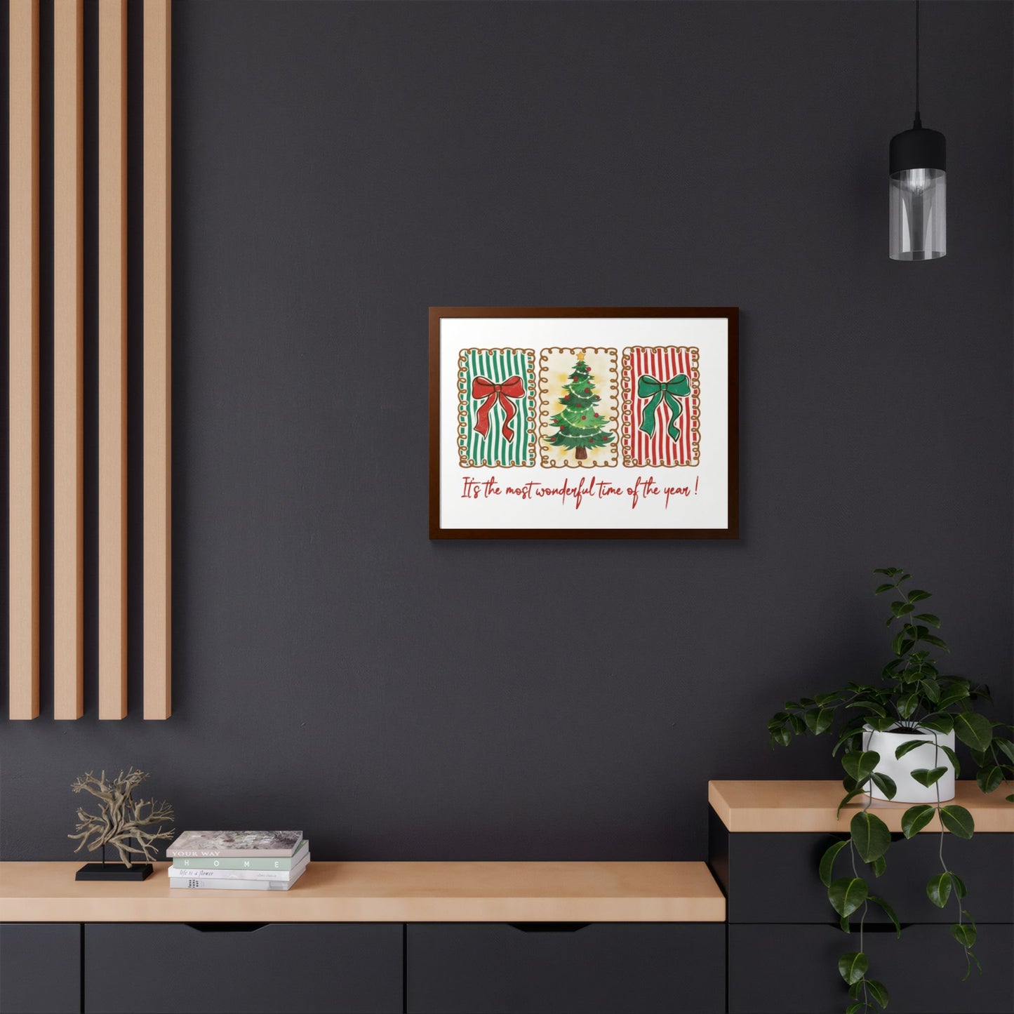 Festive Christmas Tree & Bow Design | It’s the Most Wonderful Time of the Year – Holiday Shirt, Mug, Tote & Home Decor Framed Print