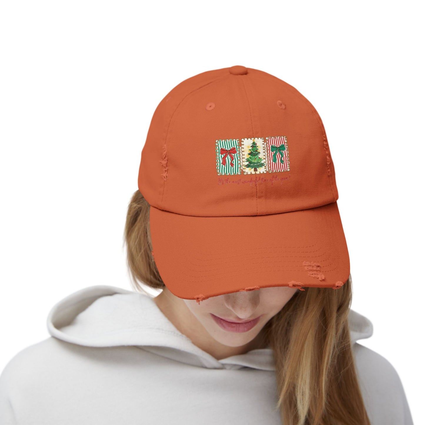 Festive Christmas Tree & Bow Design | It’s the Most Wonderful Time of the Year – Holiday Shirt, Mug, Tote & Home Decor Distressed cap