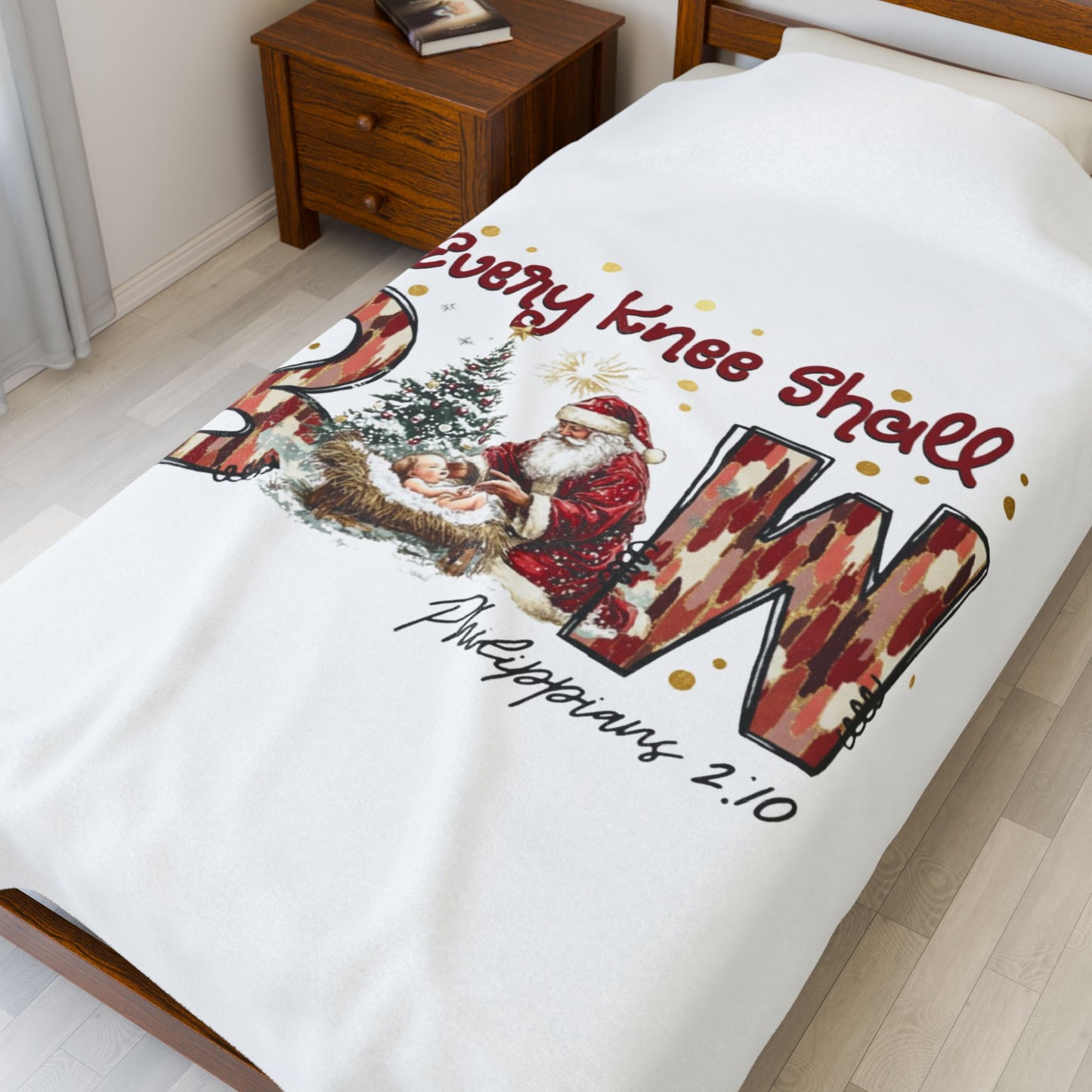 Every Knee Shall Bow Philippians 2:10 | Christian Christmas Design with Santa & Baby Jesus | Faith-Based Holiday Gift Blanket