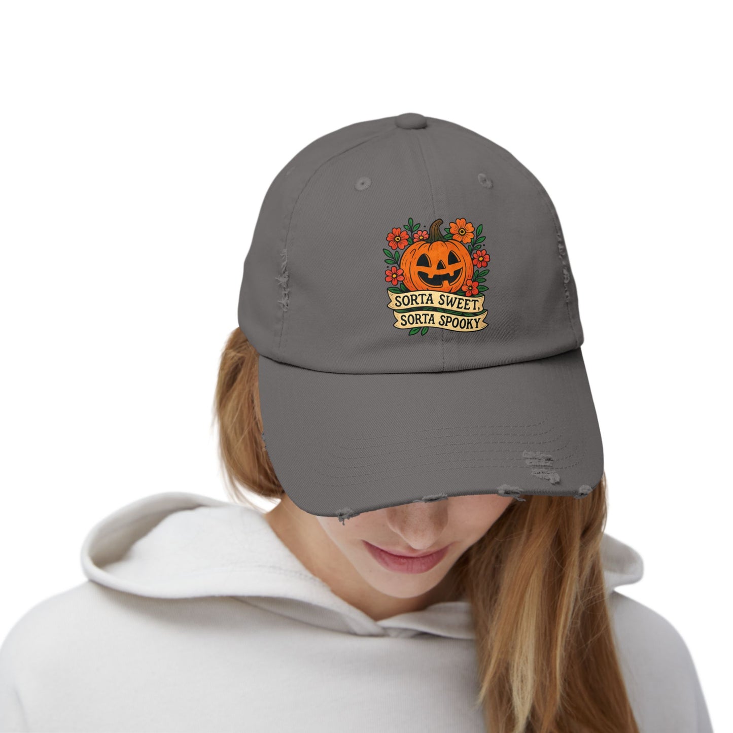 Cute Pumpkin Design – Sorta Sweet, Sorta Spooky Halloween Artwork Distressed cap
