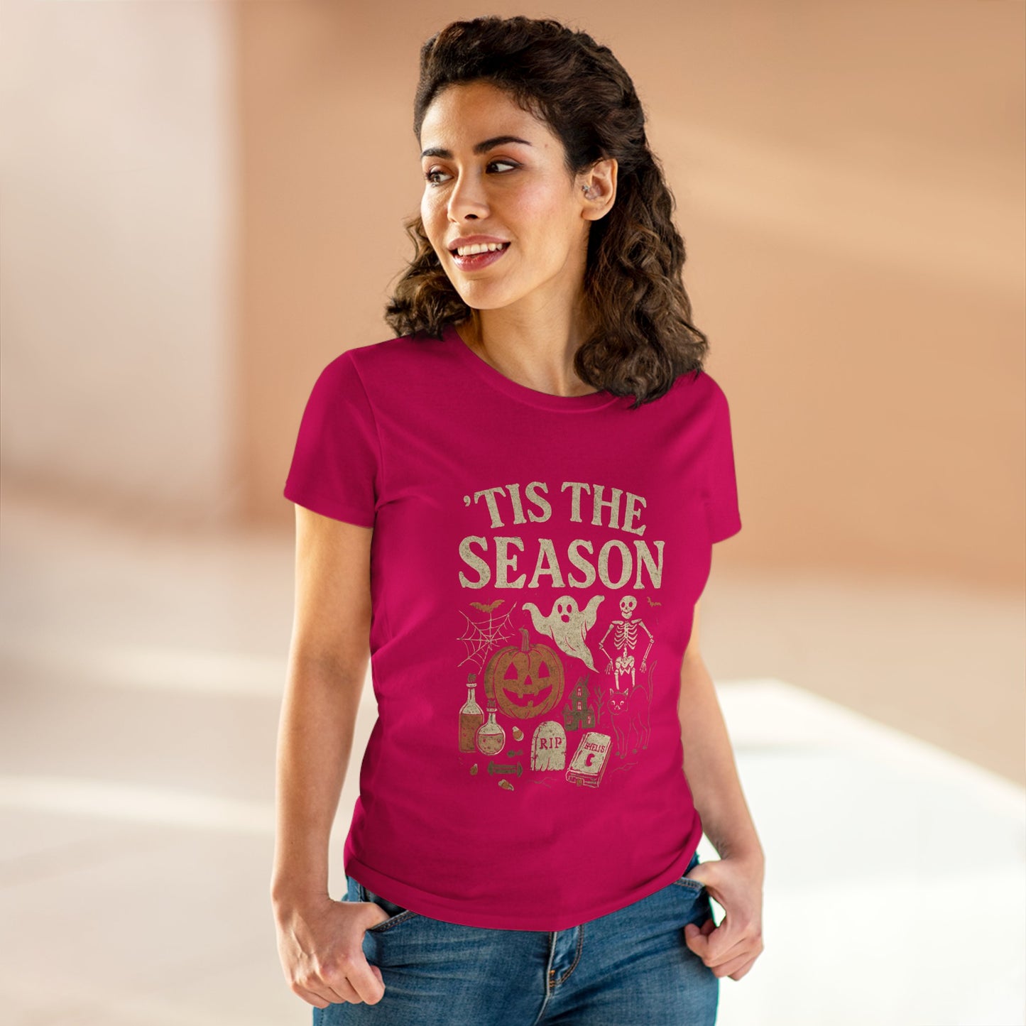 ‘Tis the Season Halloween T‑Shirt | Vintage Spooky Season Shirt with Ghost, Skeleton & Pumpkin | Retro Halloween Graphic Tee for Fall