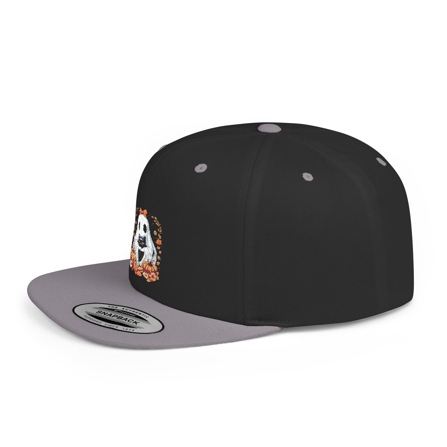 Cute Ghost and Black Cat Halloween T-Shirt | Cozy Fall Pumpkin Shirt | Spooky Season Aesthetic Apparel Gift for Halloween Lovers Snapback Cap