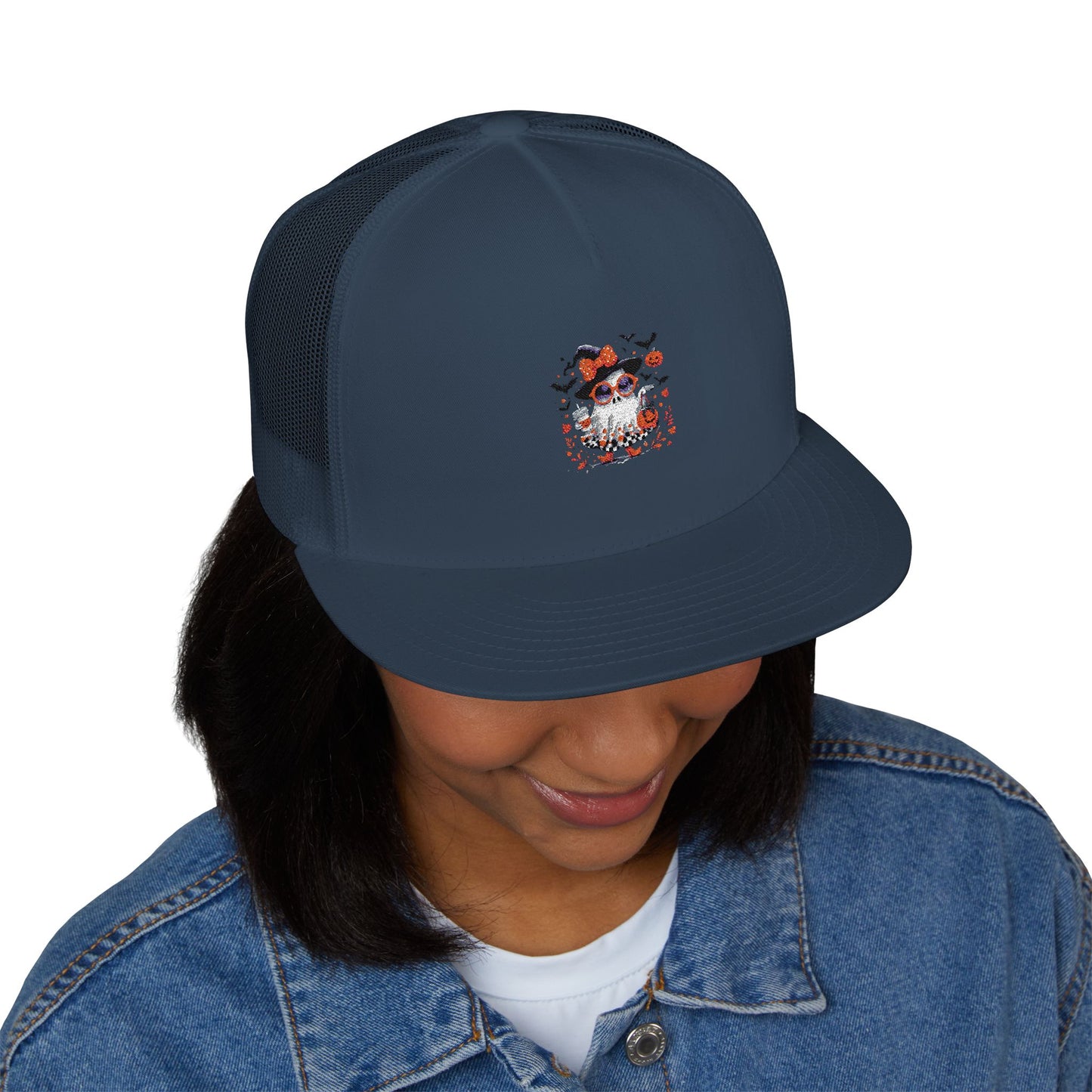 Cute Halloween Ghost T-Shirt | Trendy Witch Ghost Outfit | Spooky Fall Shirt for Women | Pumpkin Aesthetic Halloween Apparel Gift 5 Panel Trucker
