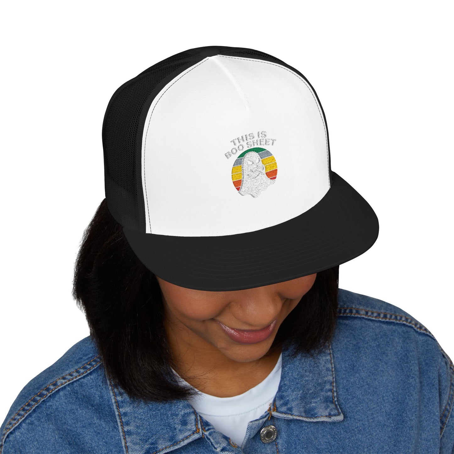 This Is Boo Sheet Funny Halloween T‑Shirt | Sarcastic Ghost Shirt for Spooky Season | Retro Ghost Graphic Tee for Men & Women 5 Panel Trucker