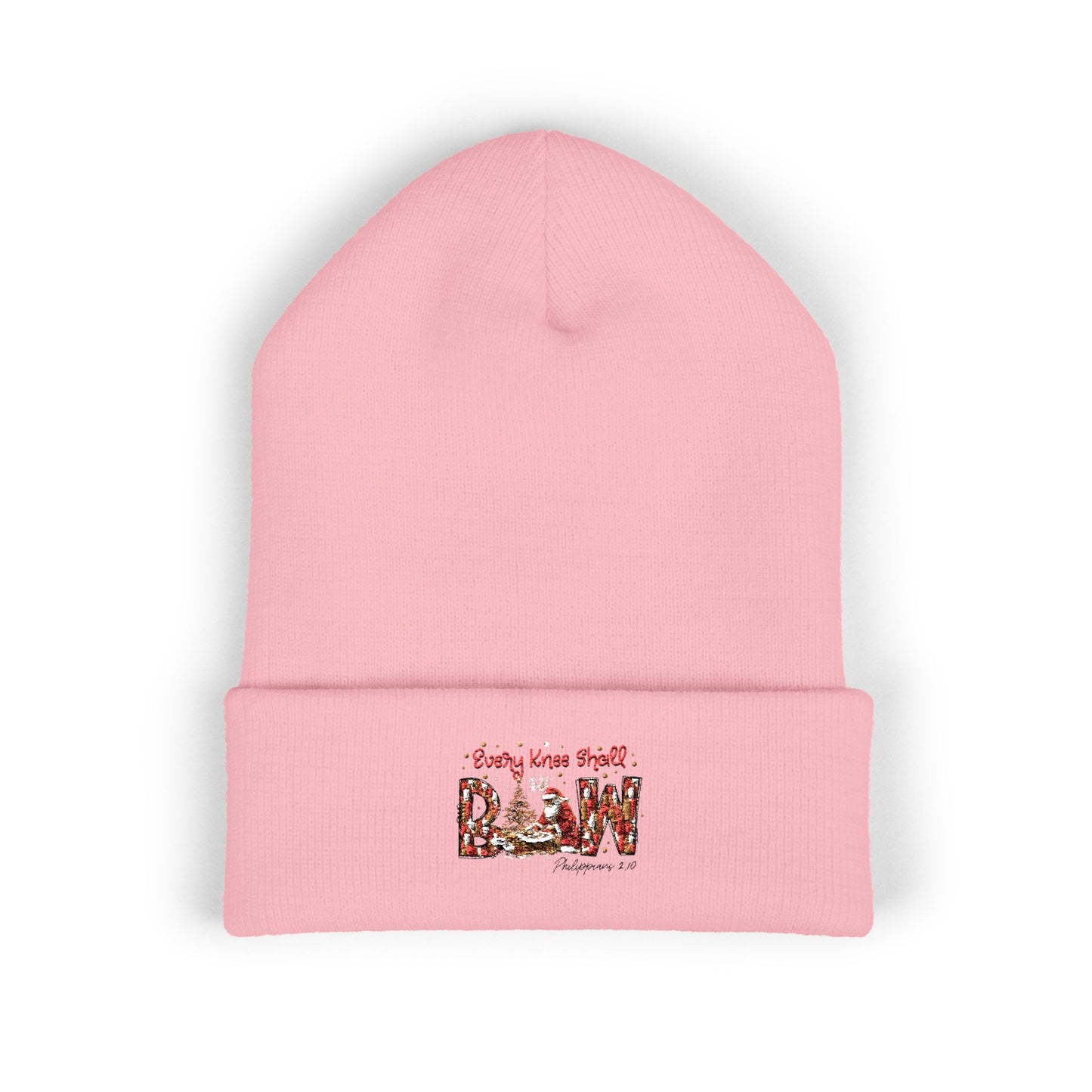 Every Knee Shall Bow Philippians 2:10 | Christian Christmas Design with Santa & Baby Jesus | Faith-Based Holiday Gift Cuffed Beanie