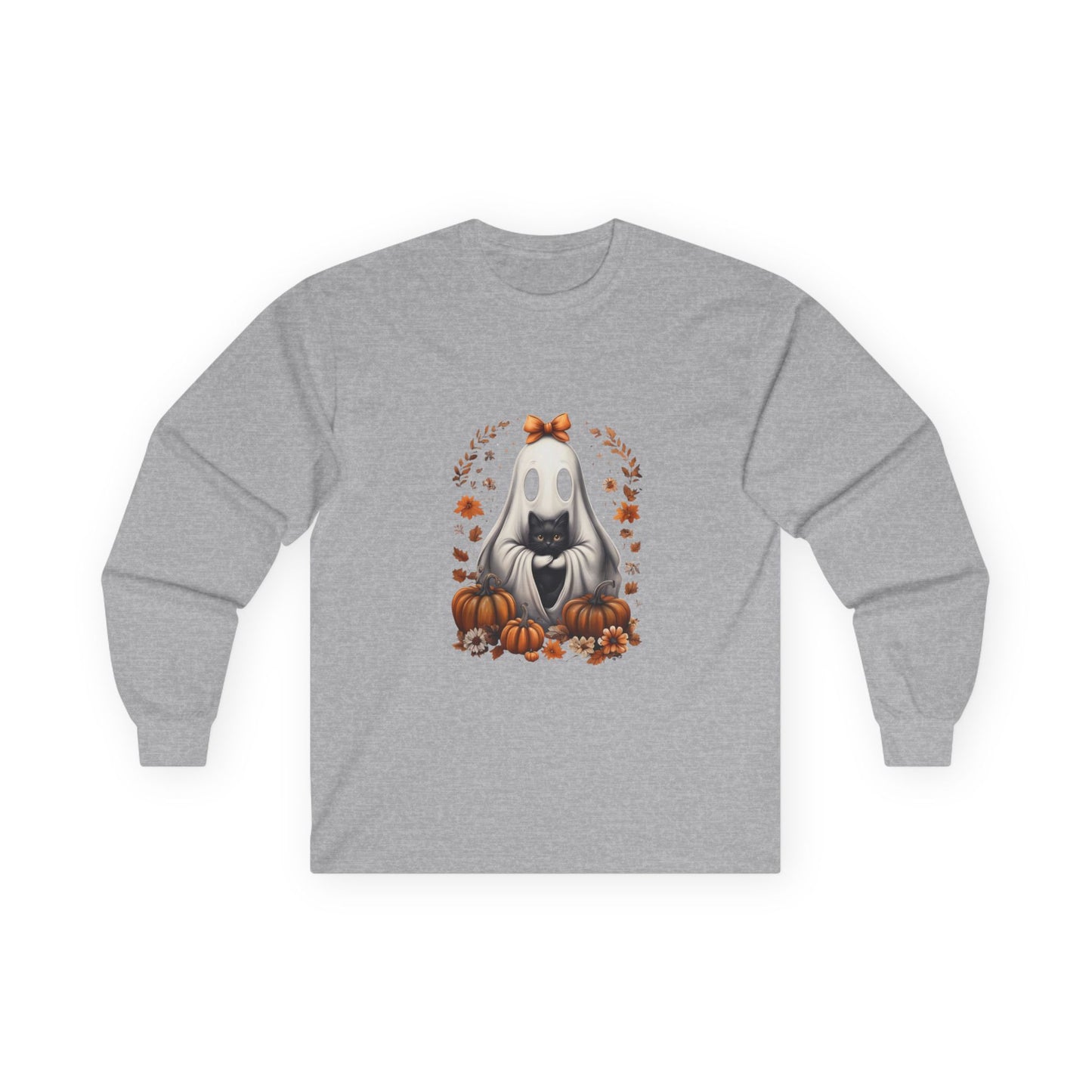 Cute Ghost and Black Cat Halloween T-Shirt | Cozy Fall Pumpkin Shirt | Spooky Season Aesthetic Apparel Gift for Halloween Lovers