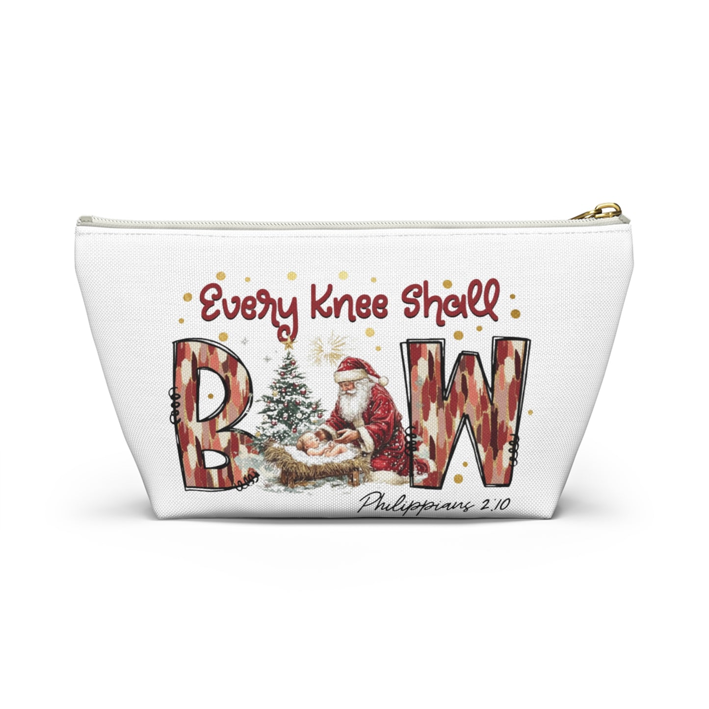Every Knee Shall Bow Philippians 2:10 | Christian Christmas Design with Santa & Baby Jesus | Faith-Based Holiday Gift Zip Pouches