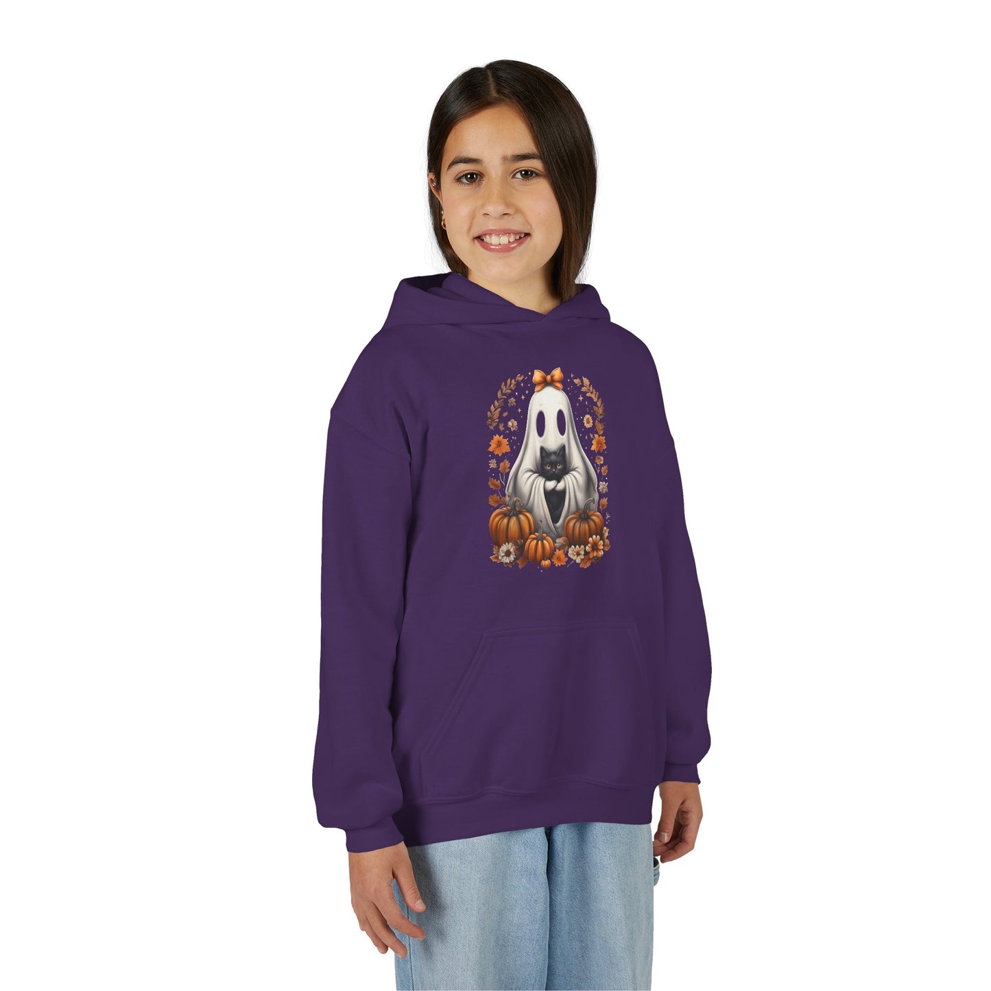 Cute Ghost and Black Cat Halloween T-Shirt | Cozy Fall Pumpkin Shirt | Spooky Season Aesthetic Apparel Gift for Halloween Lovers Kids Hoodie