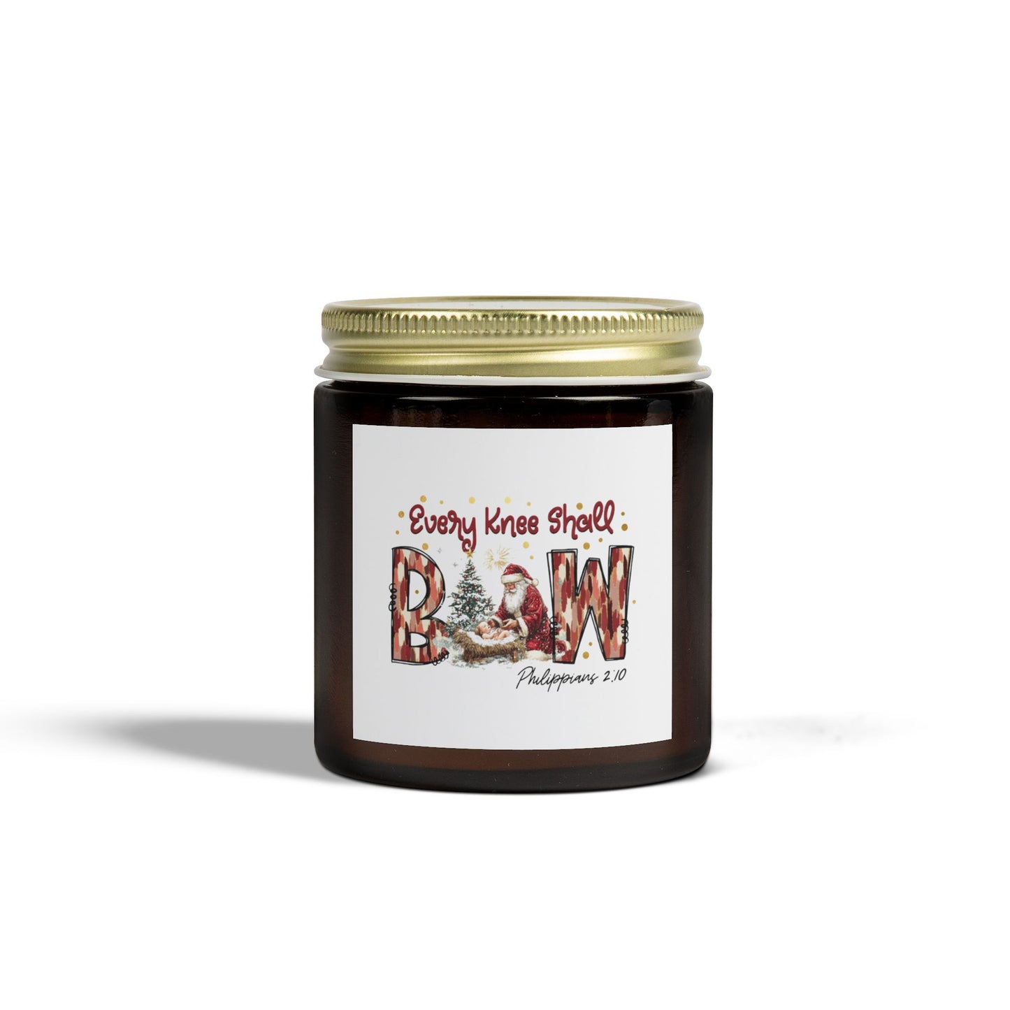Every Knee Shall Bow Philippians 2:10 | Christian Christmas Design with Santa & Baby Jesus | Faith-Based Holiday Gift Candle