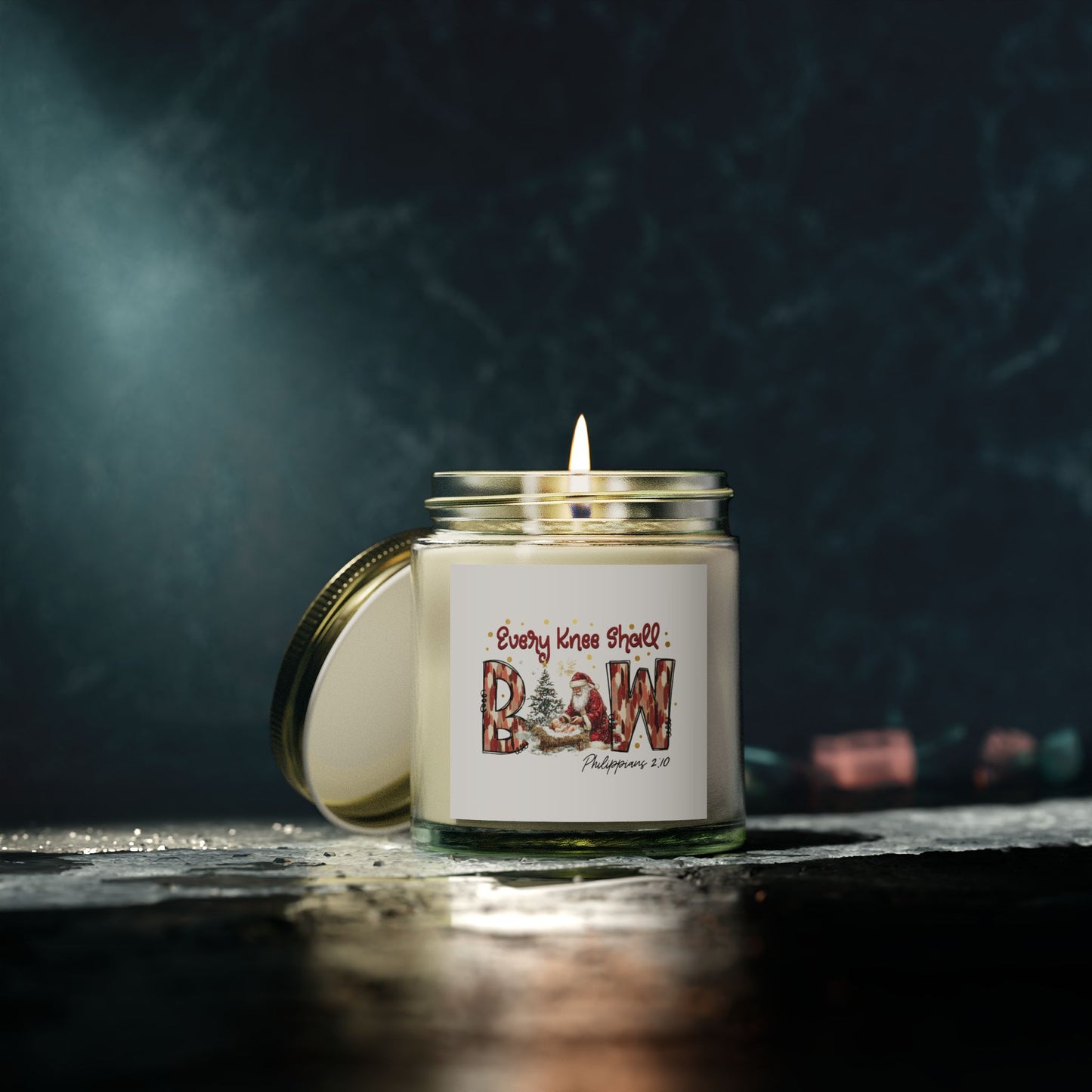 Every Knee Shall Bow Philippians 2:10 | Christian Christmas Design with Santa & Baby Jesus | Faith-Based Holiday Gift Candle