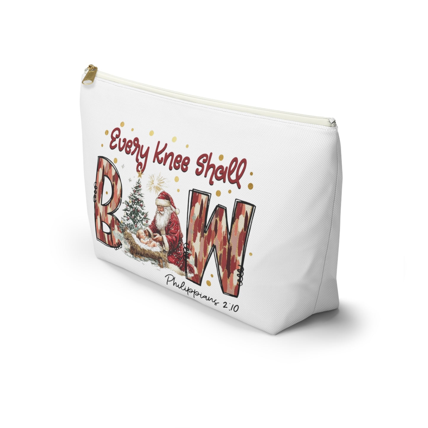 Every Knee Shall Bow Philippians 2:10 | Christian Christmas Design with Santa & Baby Jesus | Faith-Based Holiday Gift Zip Pouches