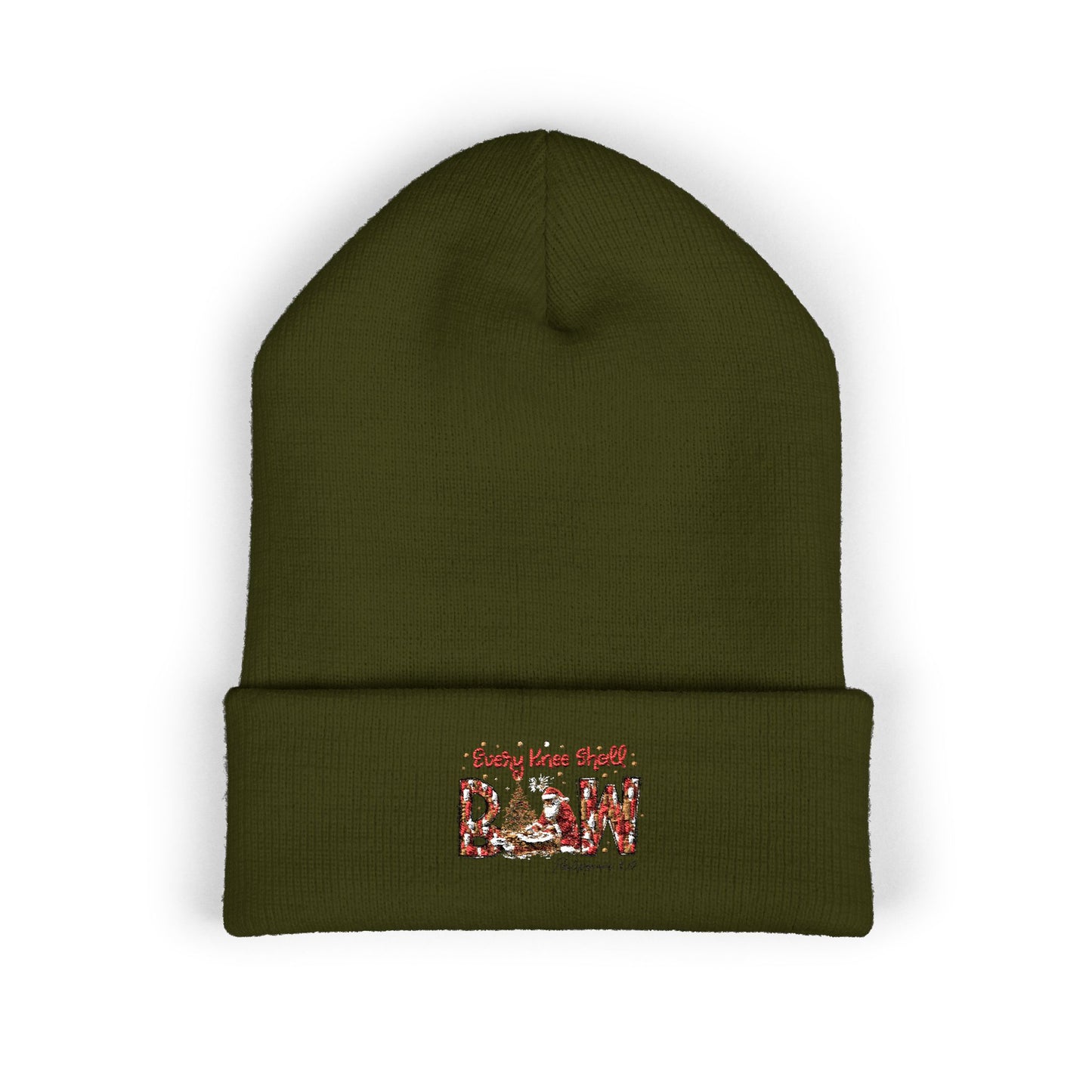 Every Knee Shall Bow Philippians 2:10 | Christian Christmas Design with Santa & Baby Jesus | Faith-Based Holiday Gift Cuffed Beanie