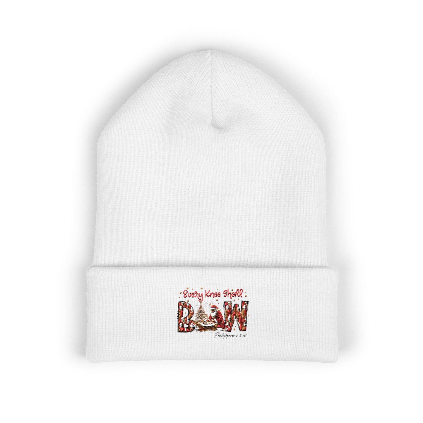 Every Knee Shall Bow Philippians 2:10 | Christian Christmas Design with Santa & Baby Jesus | Faith-Based Holiday Gift Cuffed Beanie