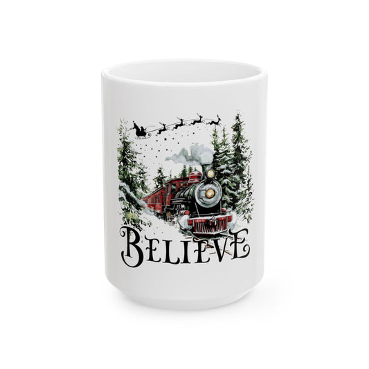 Believe Christmas Train, Vintage Holiday Locomotive Design, Santa Express, Festive Winter Wonderland Art, Christmas Magic Illustration Ceramic Mug