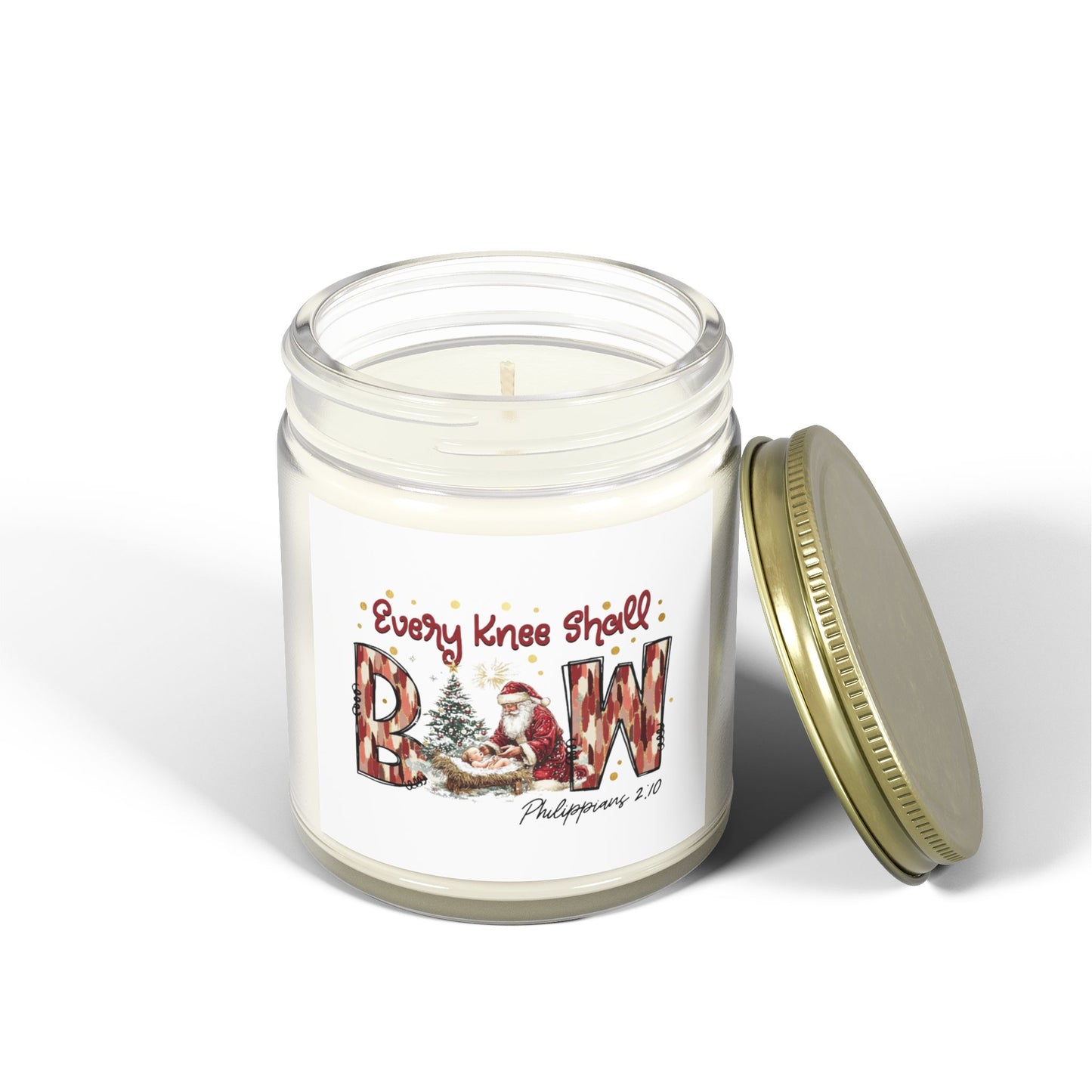 Every Knee Shall Bow Philippians 2:10 | Christian Christmas Design with Santa & Baby Jesus | Faith-Based Holiday Gift Candle