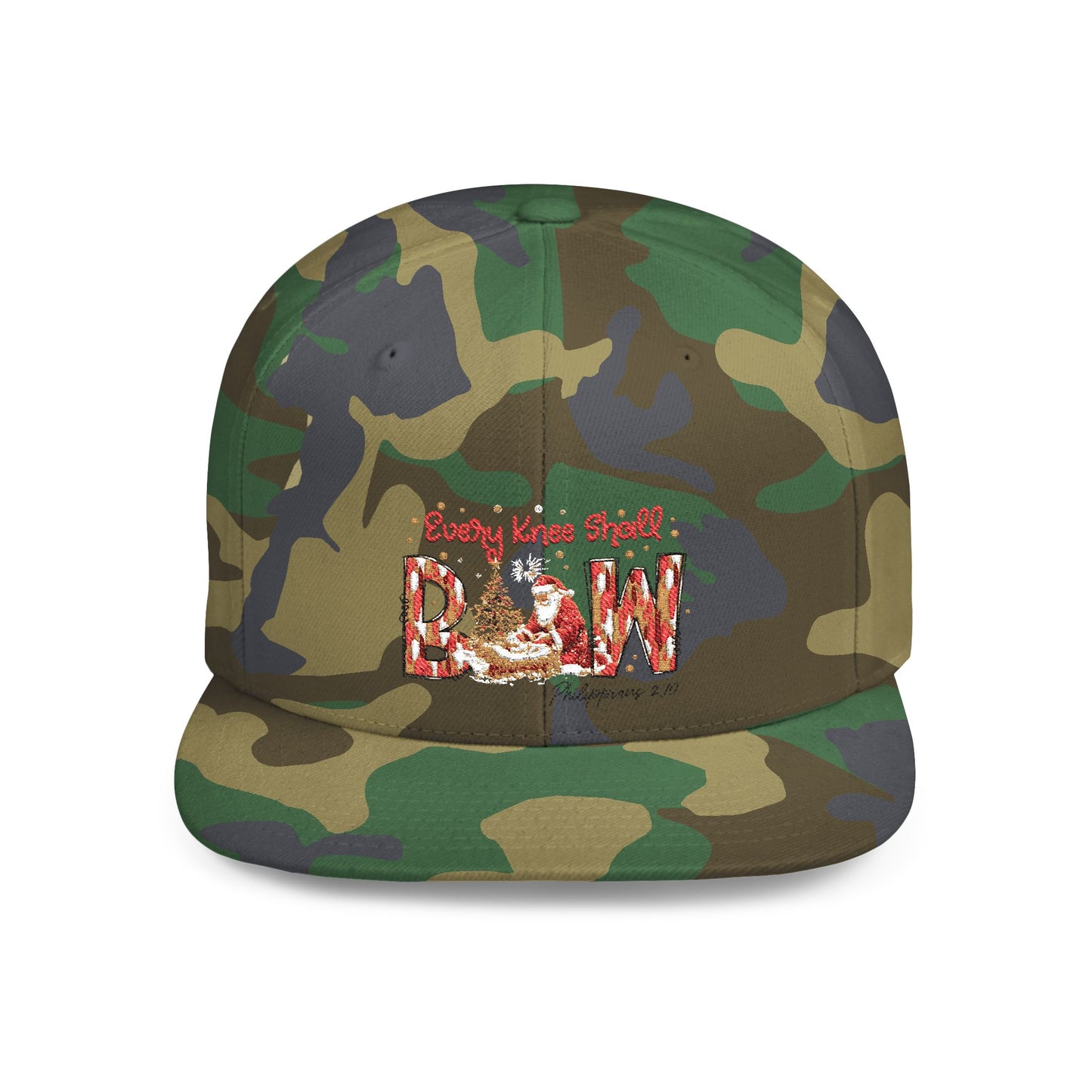 Every Knee Shall Bow Philippians 2:10 | Christian Christmas Design with Santa & Baby Jesus | Faith-Based Holiday Gift Snapback Cap