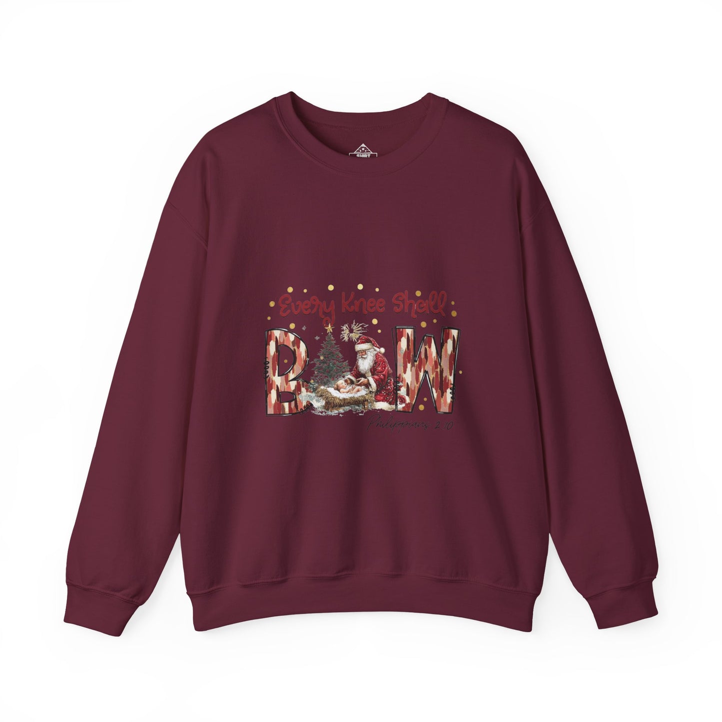 Every Knee Shall Bow Philippians 2:10 | Christian Christmas Design with Santa & Baby Jesus | Faith-Based Holiday Gift
