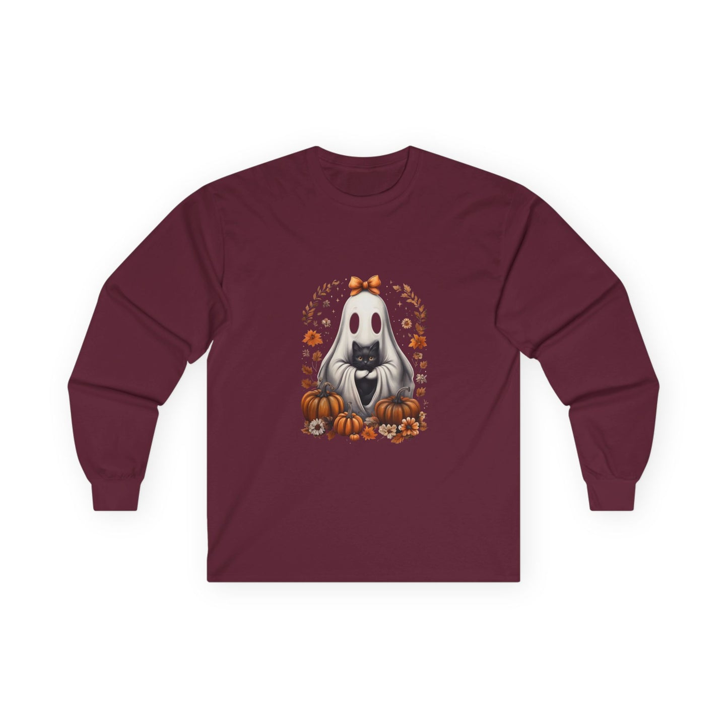 Cute Ghost and Black Cat Halloween T-Shirt | Cozy Fall Pumpkin Shirt | Spooky Season Aesthetic Apparel Gift for Halloween Lovers
