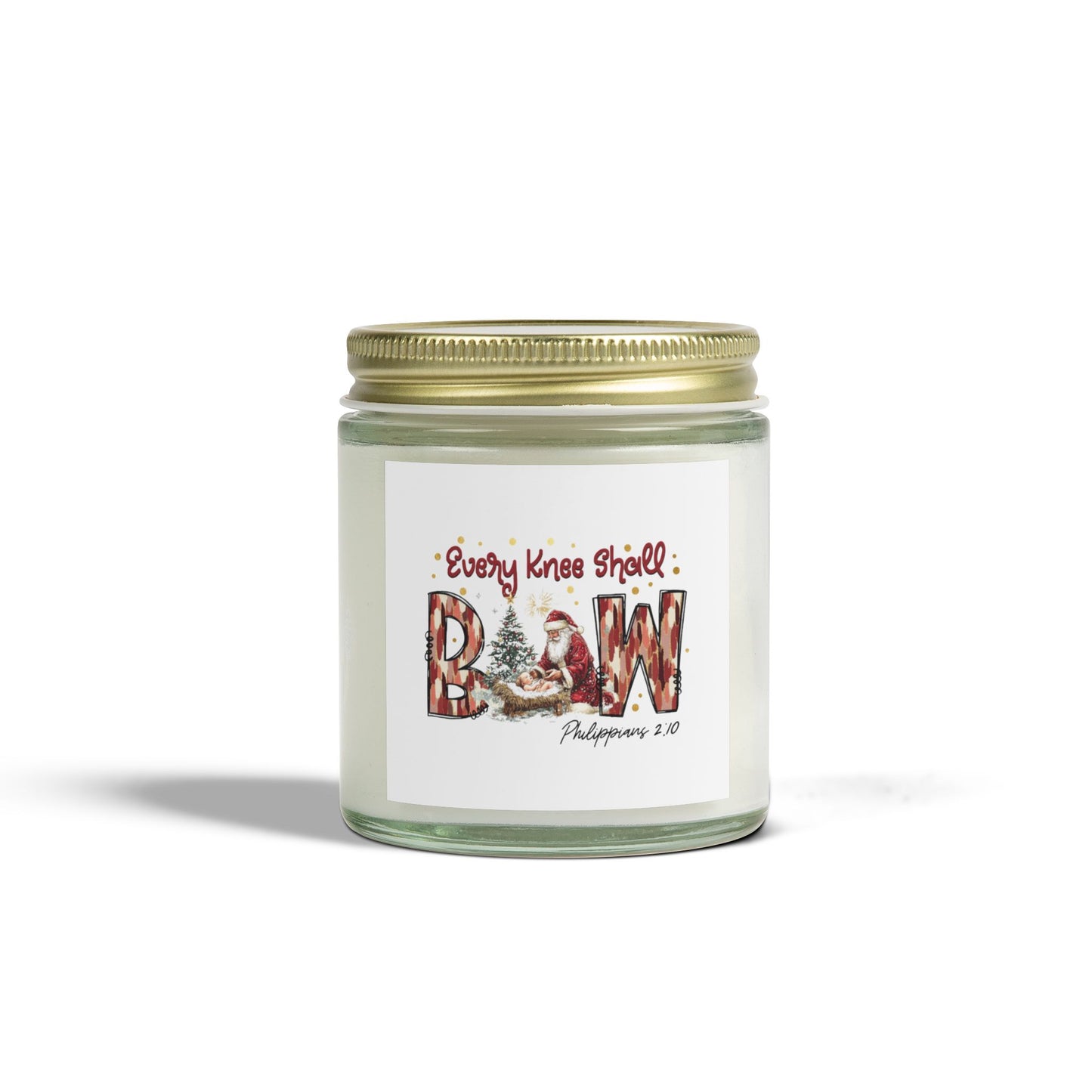 Every Knee Shall Bow Philippians 2:10 | Christian Christmas Design with Santa & Baby Jesus | Faith-Based Holiday Gift Candle