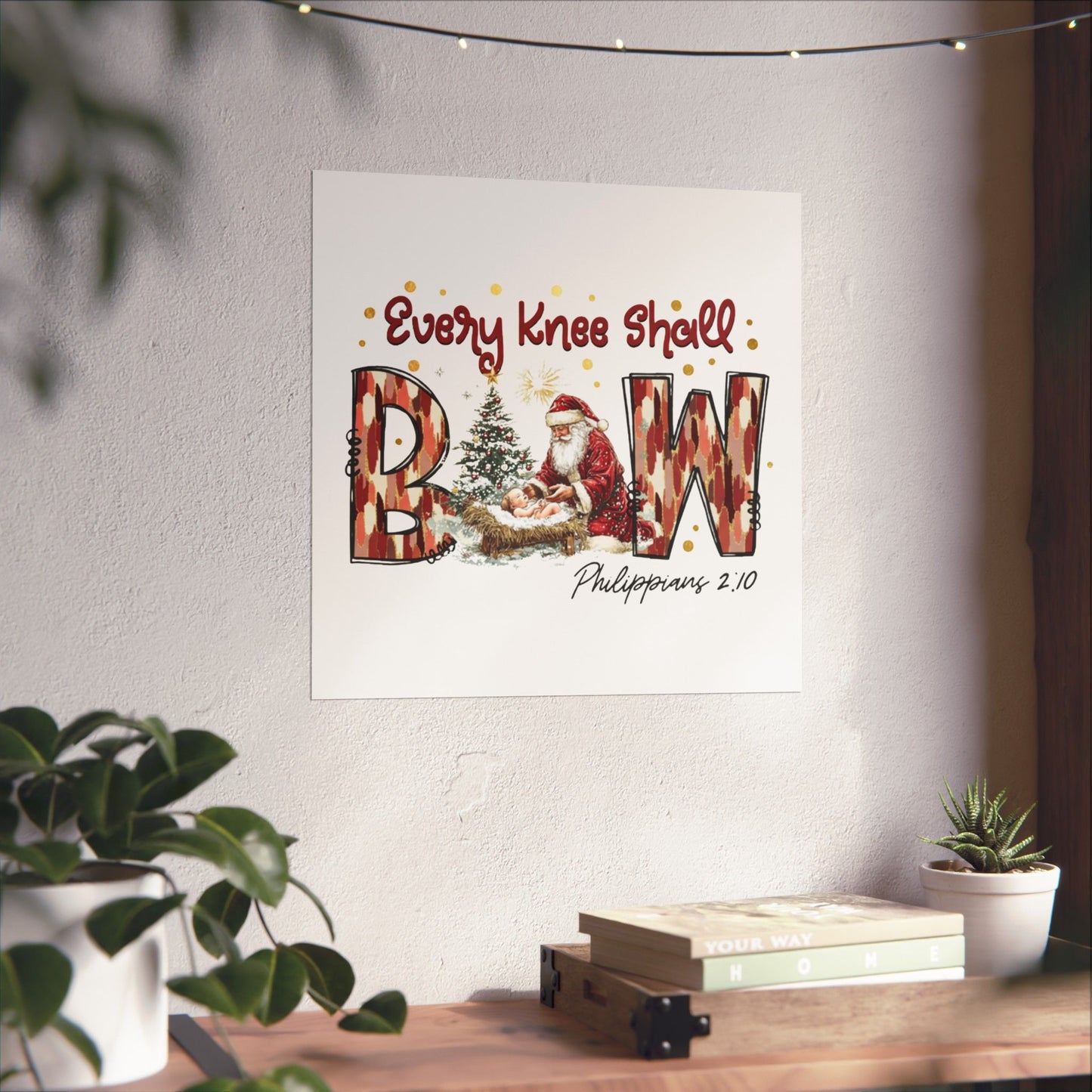 Every Knee Shall Bow Philippians 2:10 | Christian Christmas Design with Santa & Baby Jesus | Faith-Based Holiday Gift Poster