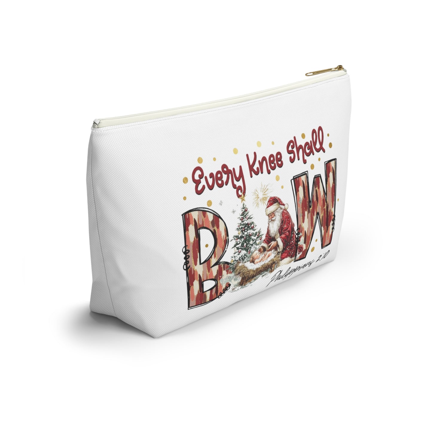 Every Knee Shall Bow Philippians 2:10 | Christian Christmas Design with Santa & Baby Jesus | Faith-Based Holiday Gift Zip Pouches