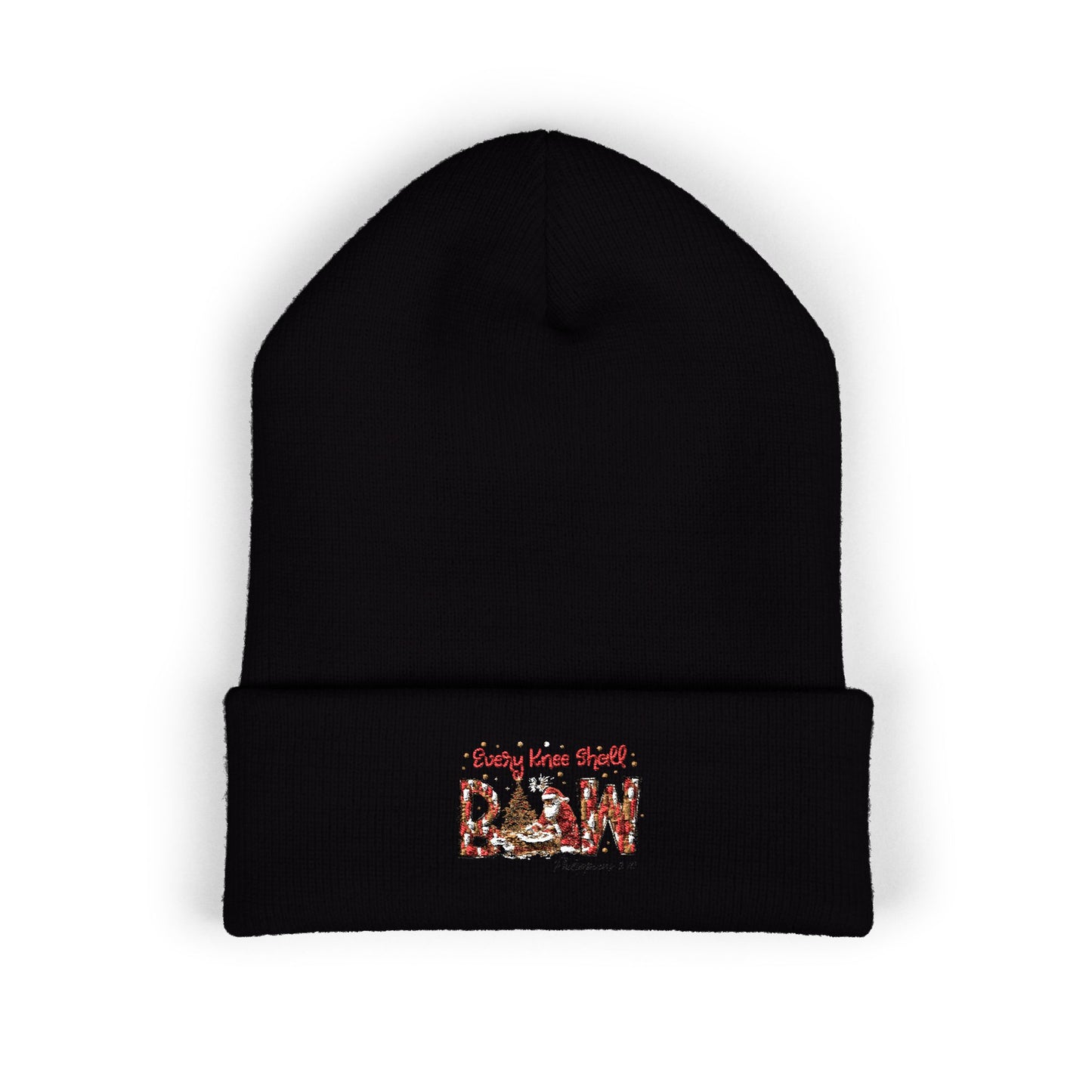 Every Knee Shall Bow Philippians 2:10 | Christian Christmas Design with Santa & Baby Jesus | Faith-Based Holiday Gift Cuffed Beanie