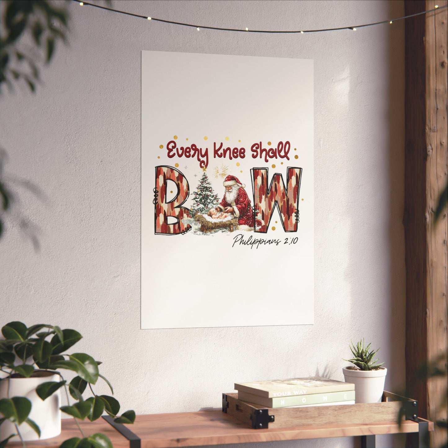 Every Knee Shall Bow Philippians 2:10 | Christian Christmas Design with Santa & Baby Jesus | Faith-Based Holiday Gift Poster