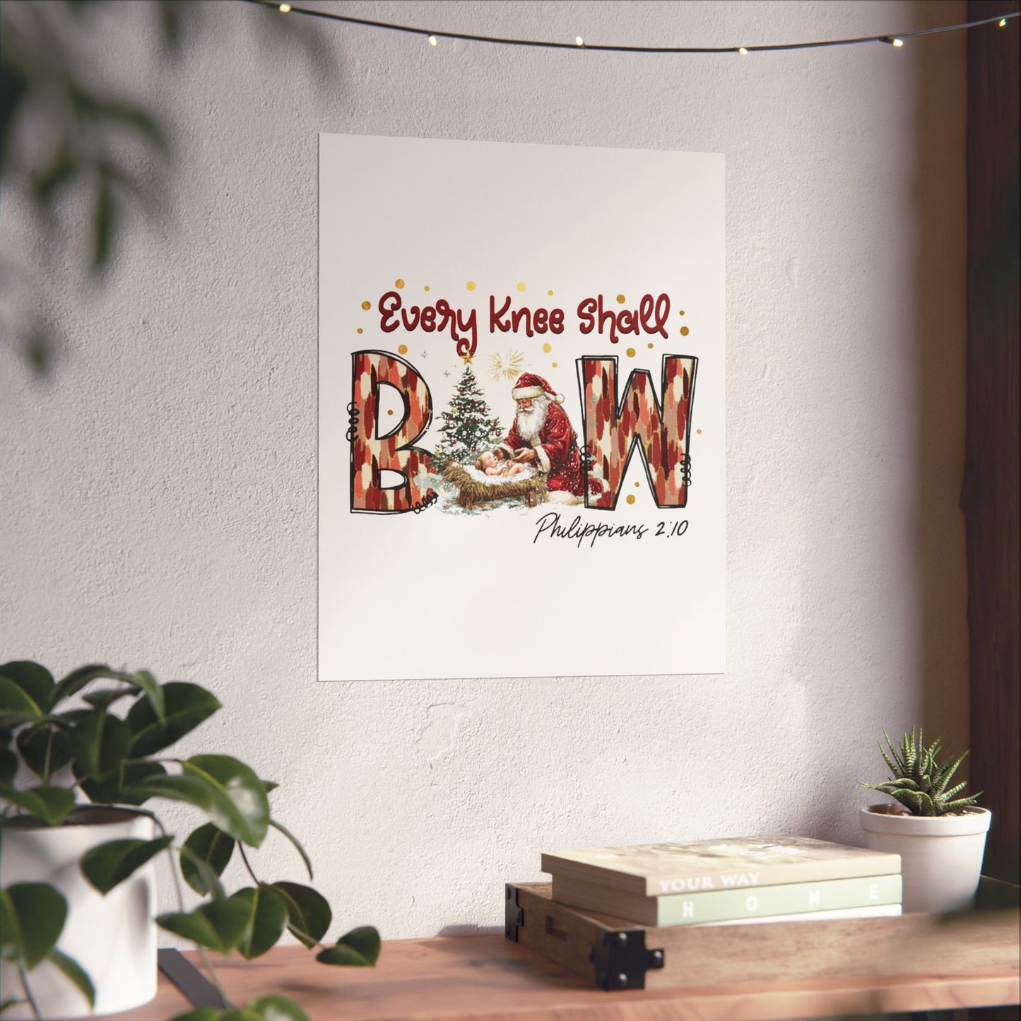 Every Knee Shall Bow Philippians 2:10 | Christian Christmas Design with Santa & Baby Jesus | Faith-Based Holiday Gift Poster