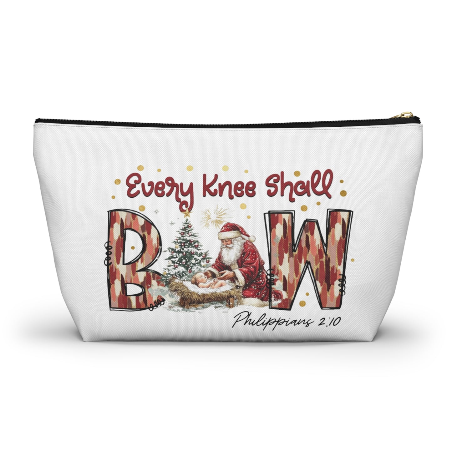Every Knee Shall Bow Philippians 2:10 | Christian Christmas Design with Santa & Baby Jesus | Faith-Based Holiday Gift Zip Pouches