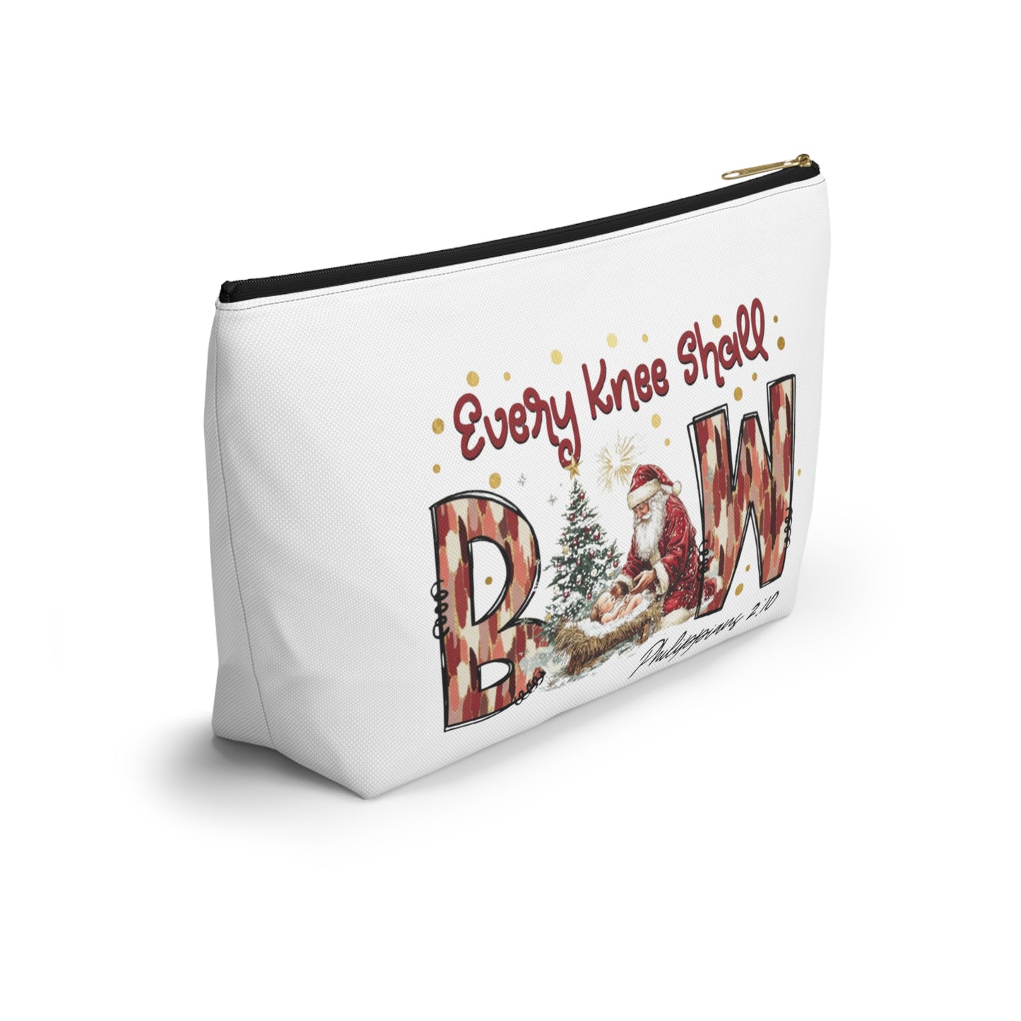 Every Knee Shall Bow Philippians 2:10 | Christian Christmas Design with Santa & Baby Jesus | Faith-Based Holiday Gift Zip Pouches