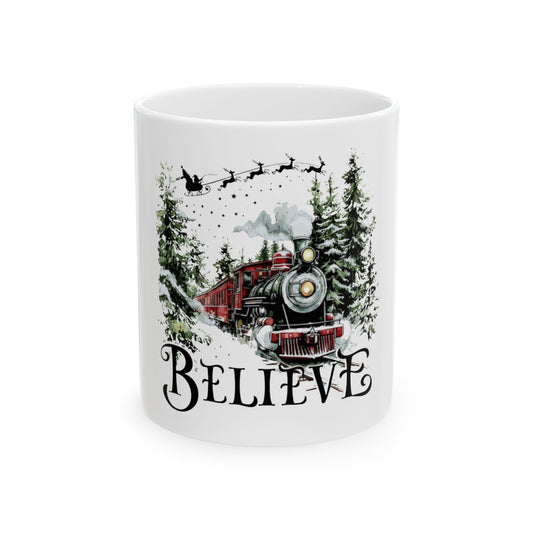Believe Christmas Train, Vintage Holiday Locomotive Design, Santa Express, Festive Winter Wonderland Art, Christmas Magic Illustration Ceramic Mug