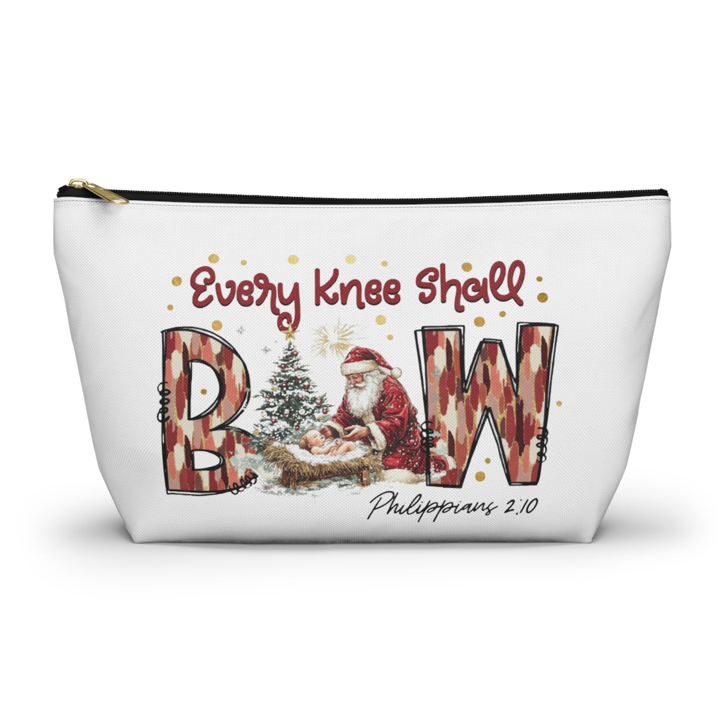 Every Knee Shall Bow Philippians 2:10 | Christian Christmas Design with Santa & Baby Jesus | Faith-Based Holiday Gift Zip Pouches