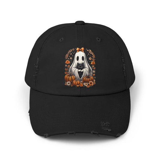 Cute Ghost and Black Cat Halloween T-Shirt | Cozy Fall Pumpkin Shirt | Spooky Season Aesthetic Apparel Gift for Halloween Lovers Distressed cap